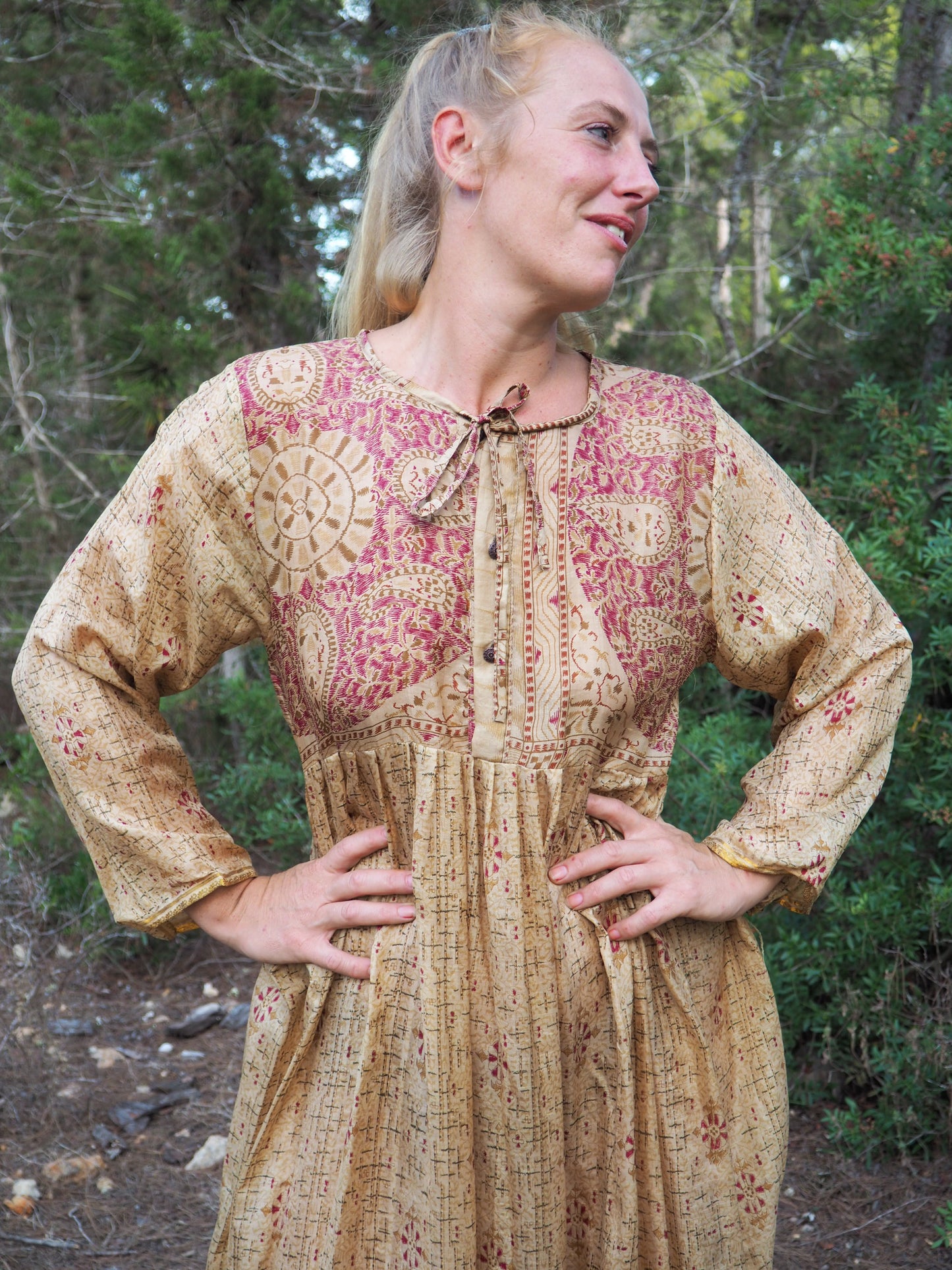 Vintage Indian sari dress with oversized sleeves up-cycled by Vagabond Ibiza