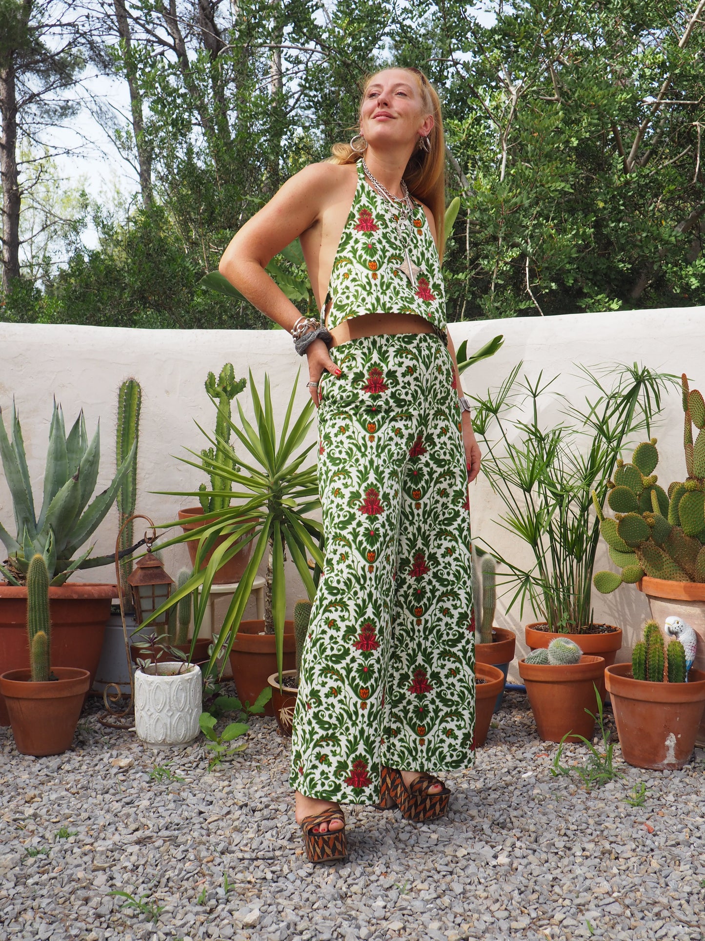 Vintage woven printed green and Cream floral patterns 2 piece set cropped jackets and tie crop top up-cycled by Vagabond Ibiza pants sold separate