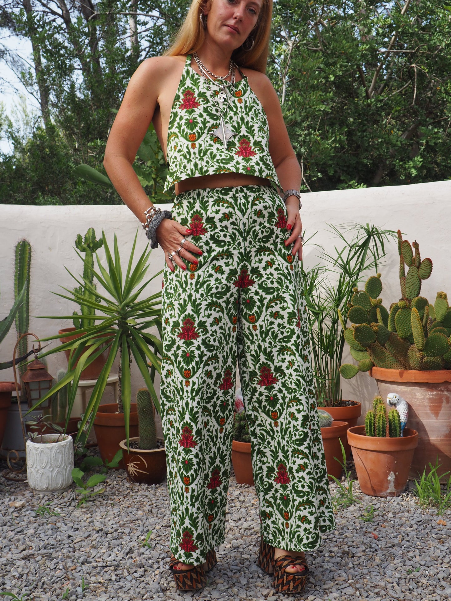 Vintage woven printed green and Cream floral patterns 2 piece set cropped jackets and tie crop top up-cycled by Vagabond Ibiza pants sold separate