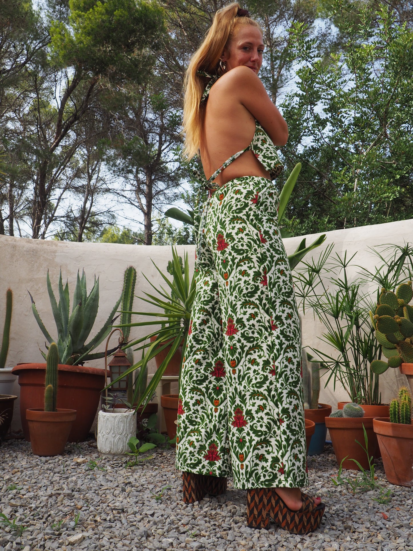 Vintage woven printed green and Cream floral patterns 2 piece set cropped jackets and tie crop top up-cycled by Vagabond Ibiza pants sold separate