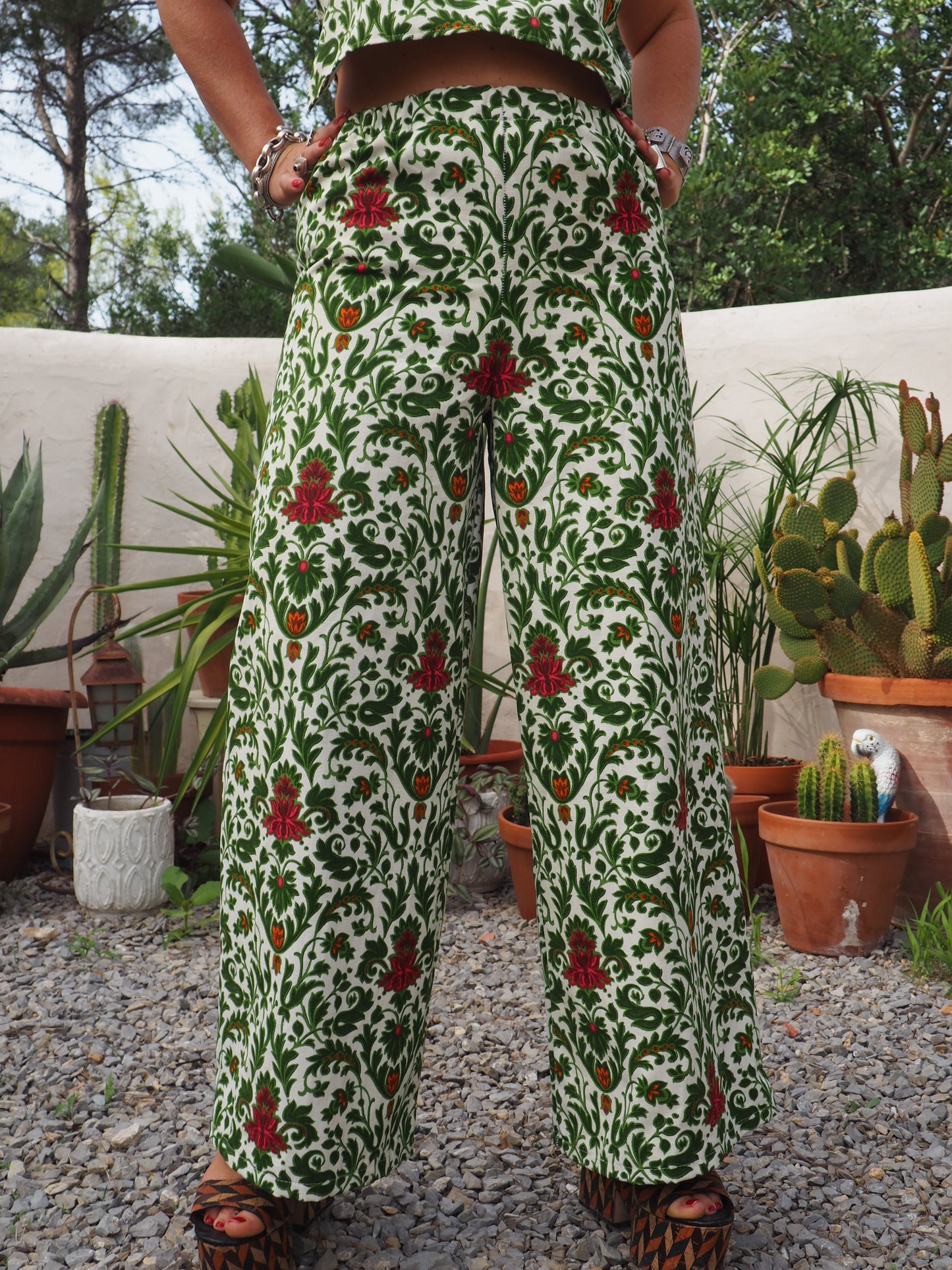 Vintage woven printed green and Cream floral patterns 2 piece set cropped jackets and tie crop top up-cycled by Vagabond Ibiza pants sold separate