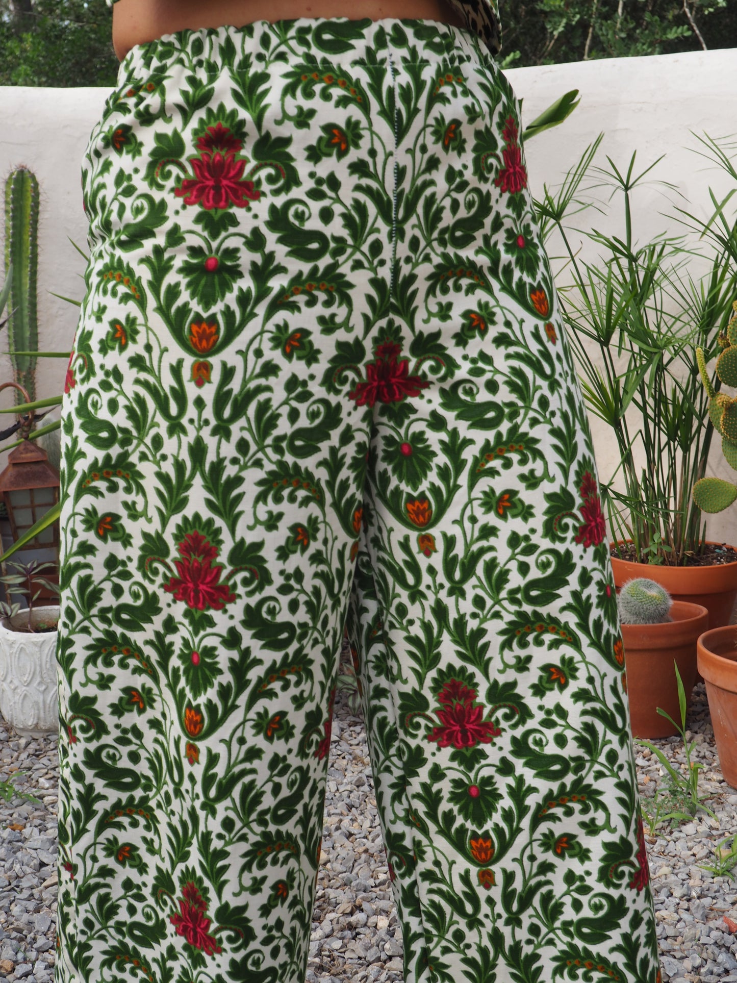 Vintage woven printed green and Cream floral patterns 2 piece set cropped jackets and tie crop top up-cycled by Vagabond Ibiza pants sold separate