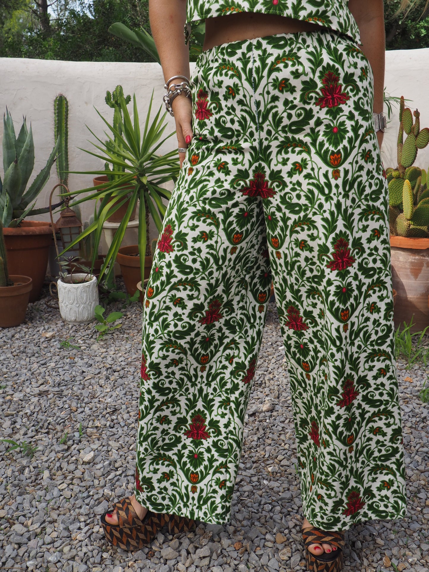 Vintage woven printed green and Cream floral patterns 2 piece set cropped jackets and tie crop top up-cycled by Vagabond Ibiza pants sold separate