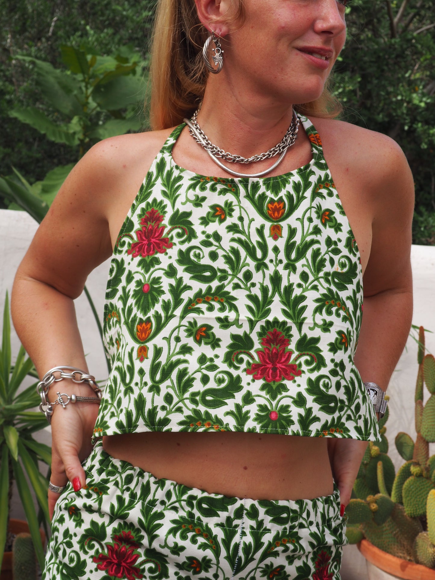 Vintage woven printed green and Cream floral patterns 2 piece set cropped jackets and tie crop top up-cycled by Vagabond Ibiza pants sold separate