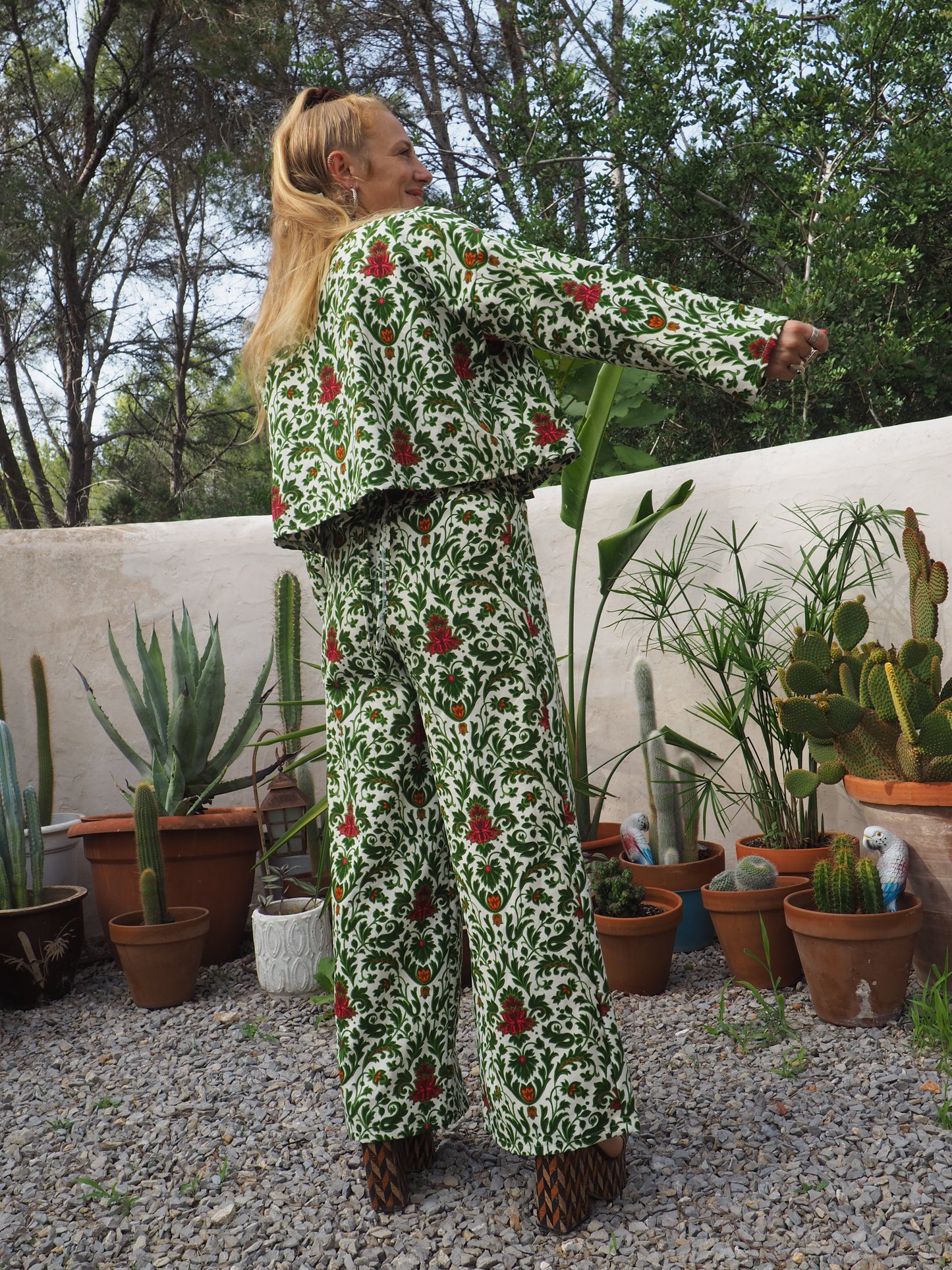 Vintage woven printed green and Cream floral patterns 2 piece set cropped jackets and tie crop top up-cycled by Vagabond Ibiza pants sold separate