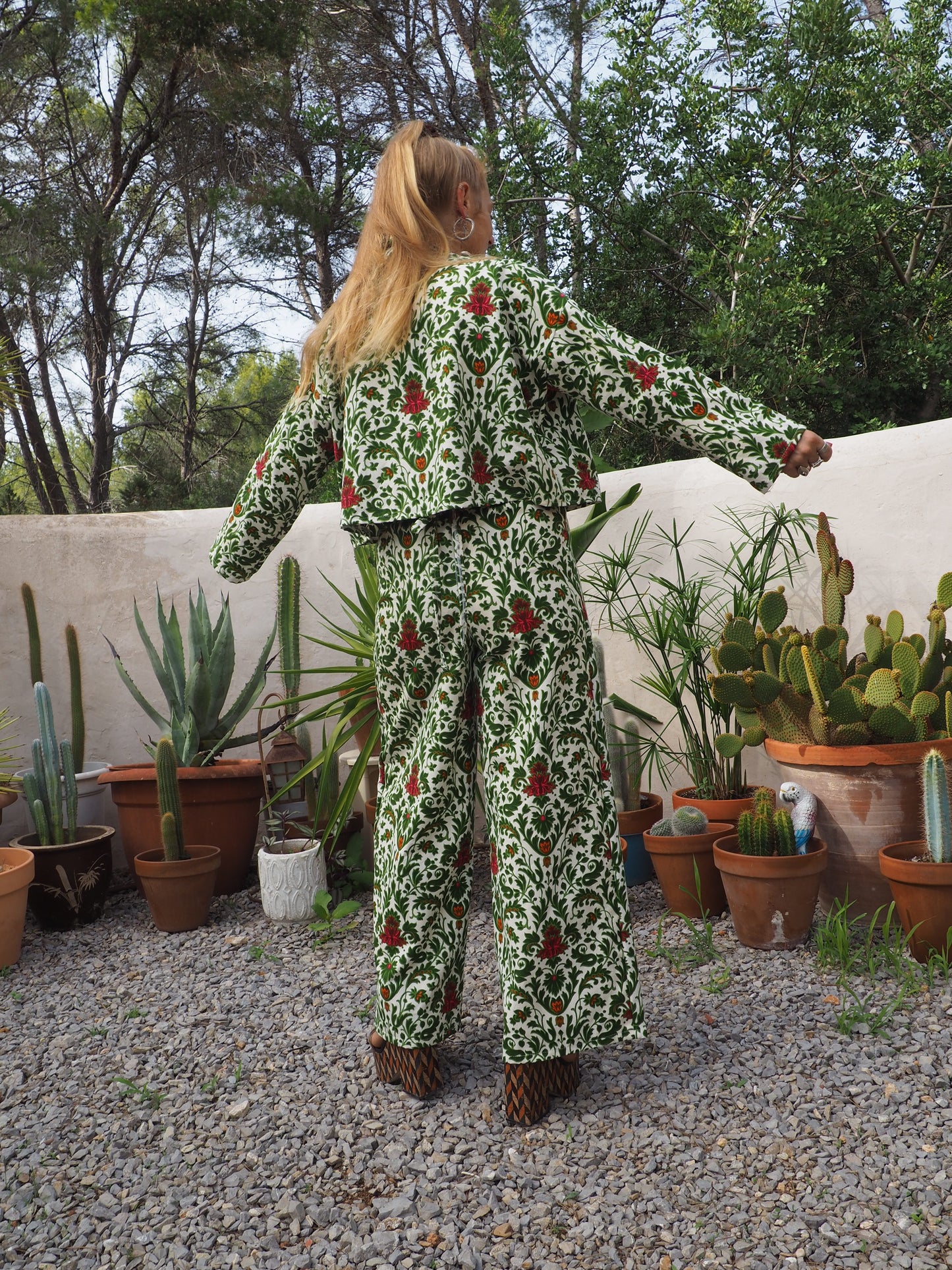 Vintage woven printed green and Cream floral patterns 2 piece set cropped jackets and tie crop top up-cycled by Vagabond Ibiza pants sold separate