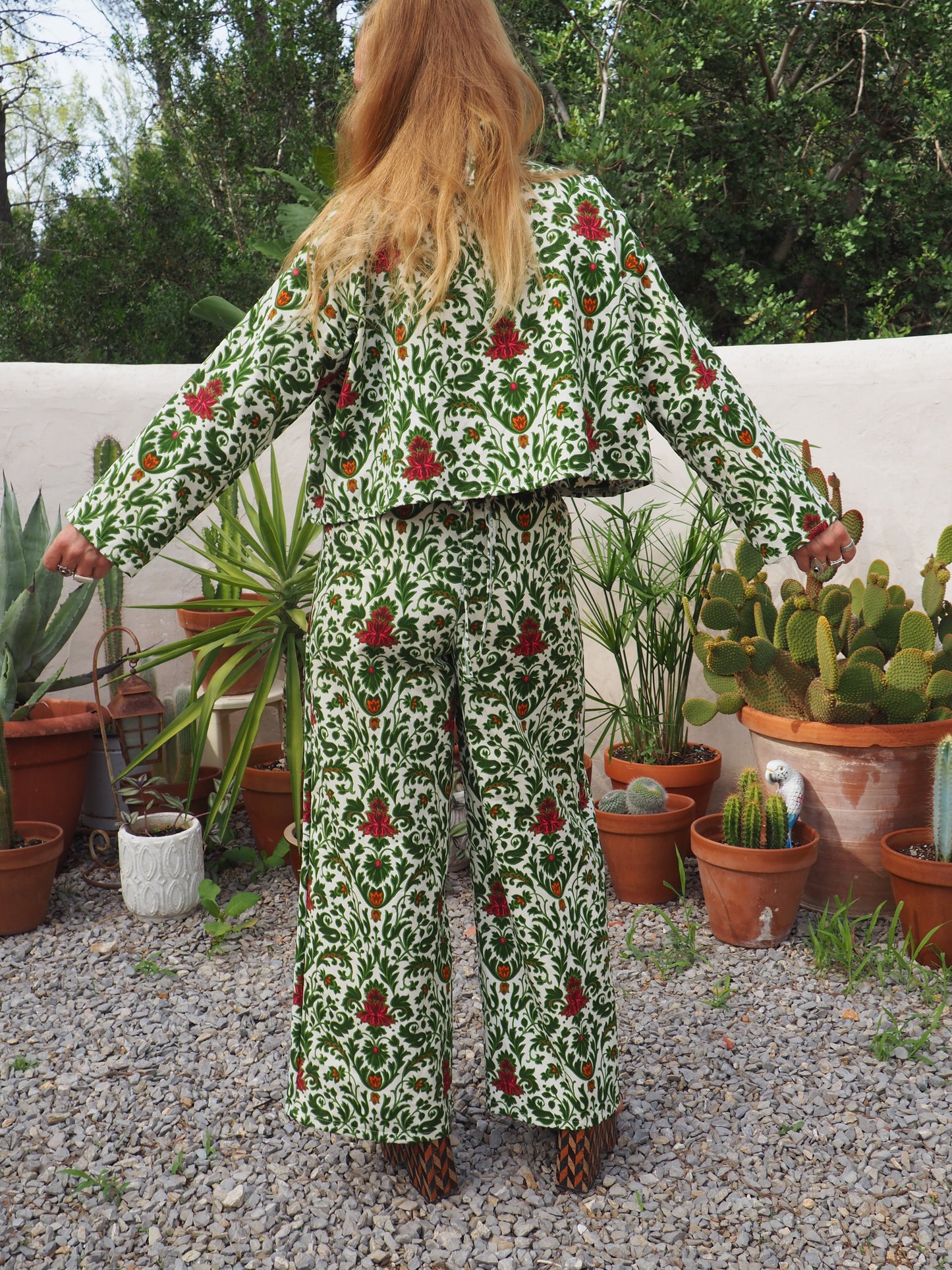 Vintage woven printed green and Cream floral patterns 2 piece set cropped jackets and tie crop top up-cycled by Vagabond Ibiza pants sold separate