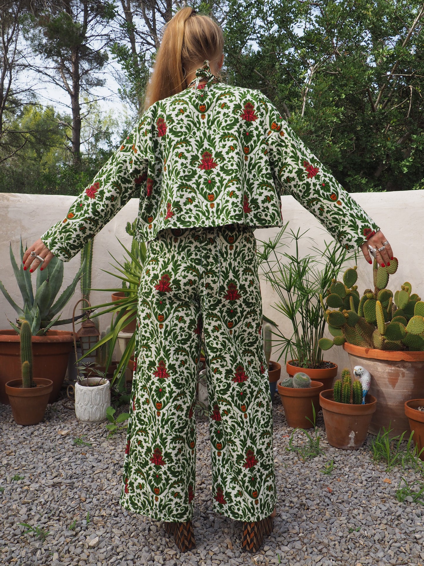 Vintage woven printed green and Cream floral patterns 2 piece set cropped jackets and tie crop top up-cycled by Vagabond Ibiza pants sold separate