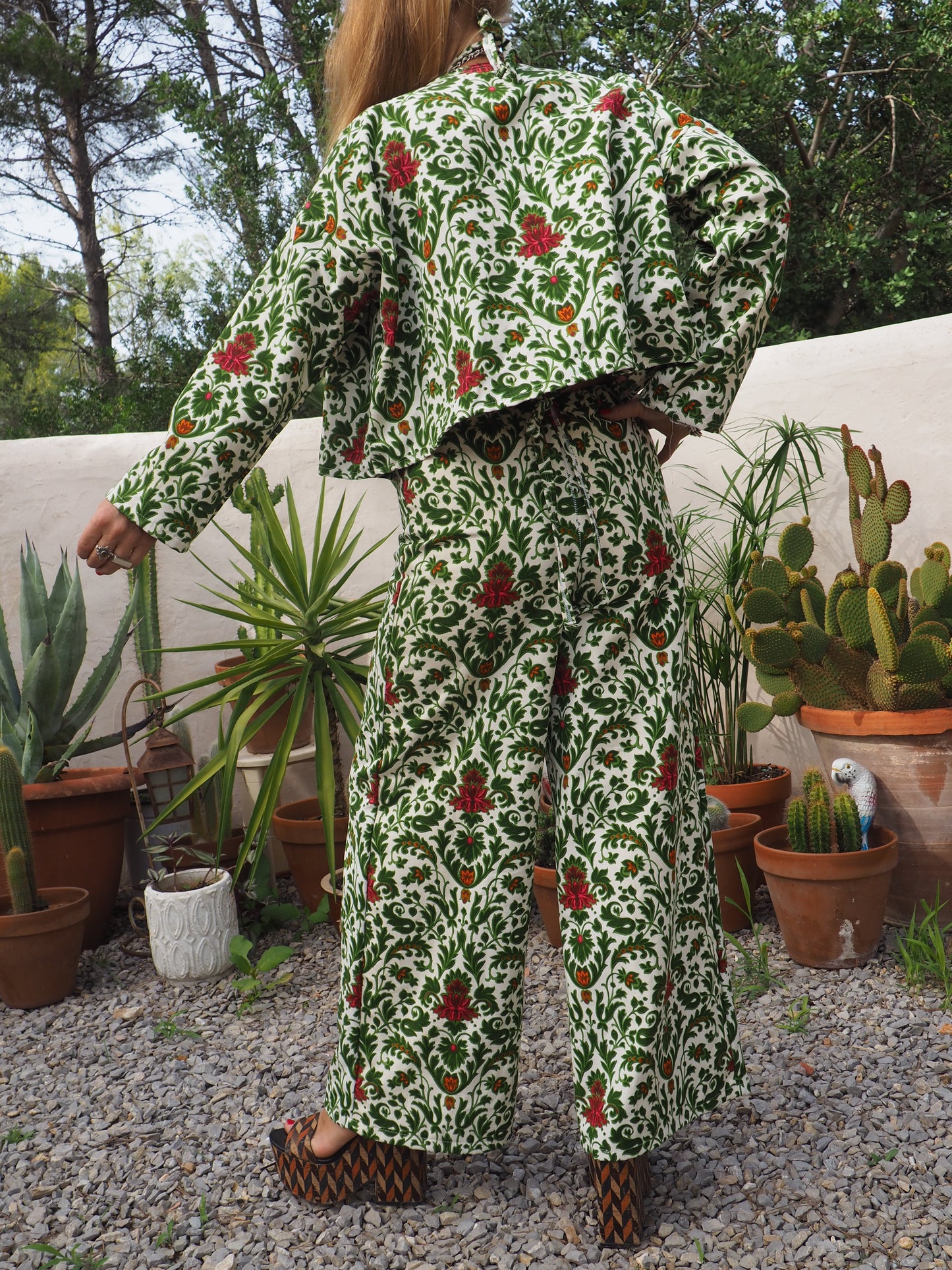 Vintage woven printed green and Cream floral patterns 2 piece set cropped jackets and tie crop top up-cycled by Vagabond Ibiza pants sold separate