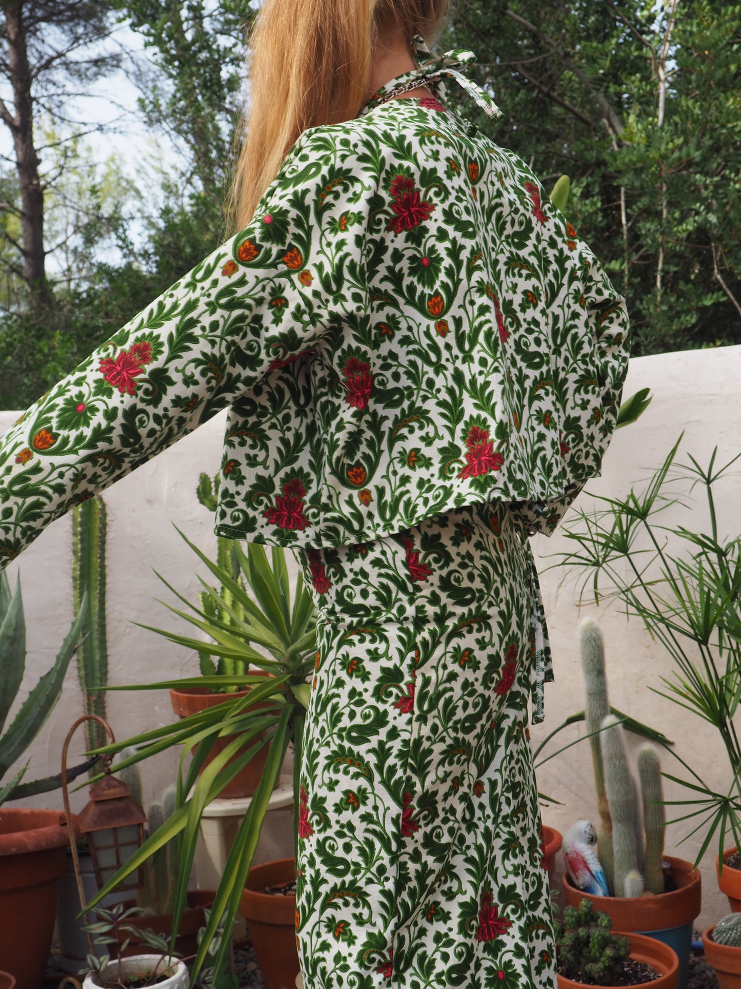 Vintage woven printed green and Cream floral patterns 2 piece set cropped jackets and tie crop top up-cycled by Vagabond Ibiza pants sold separate