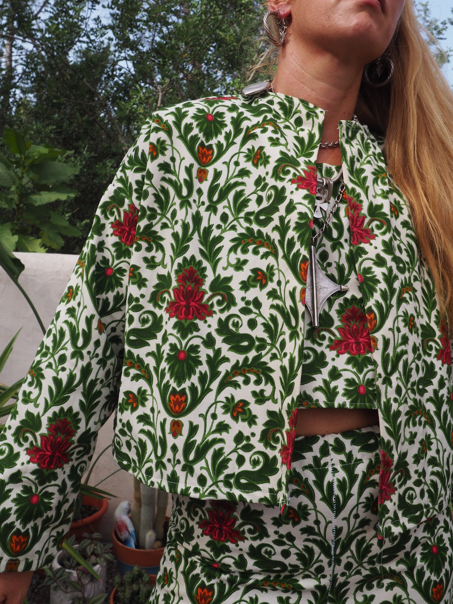 Vintage woven printed green and Cream floral patterns 2 piece set cropped jackets and tie crop top up-cycled by Vagabond Ibiza pants sold separate