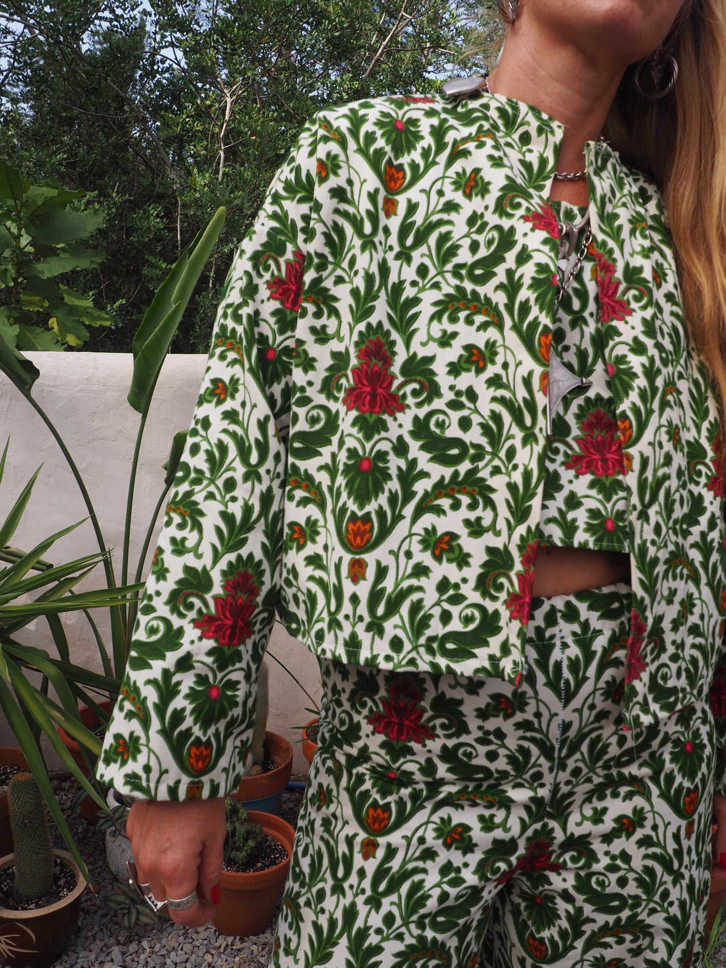 Vintage woven printed green and Cream floral patterns 2 piece set cropped jackets and tie crop top up-cycled by Vagabond Ibiza pants sold separate