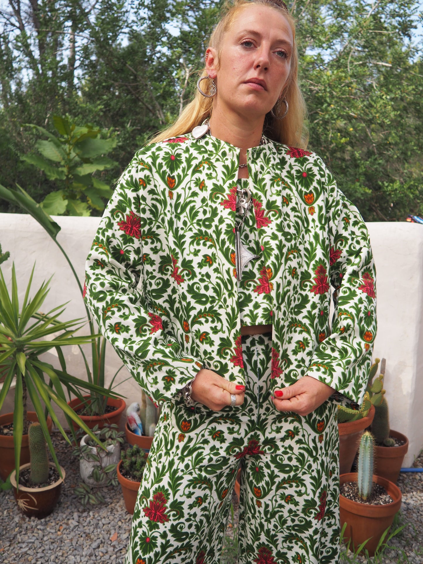 Vintage woven printed green and Cream floral patterns 2 piece set cropped jackets and tie crop top up-cycled by Vagabond Ibiza pants sold separate