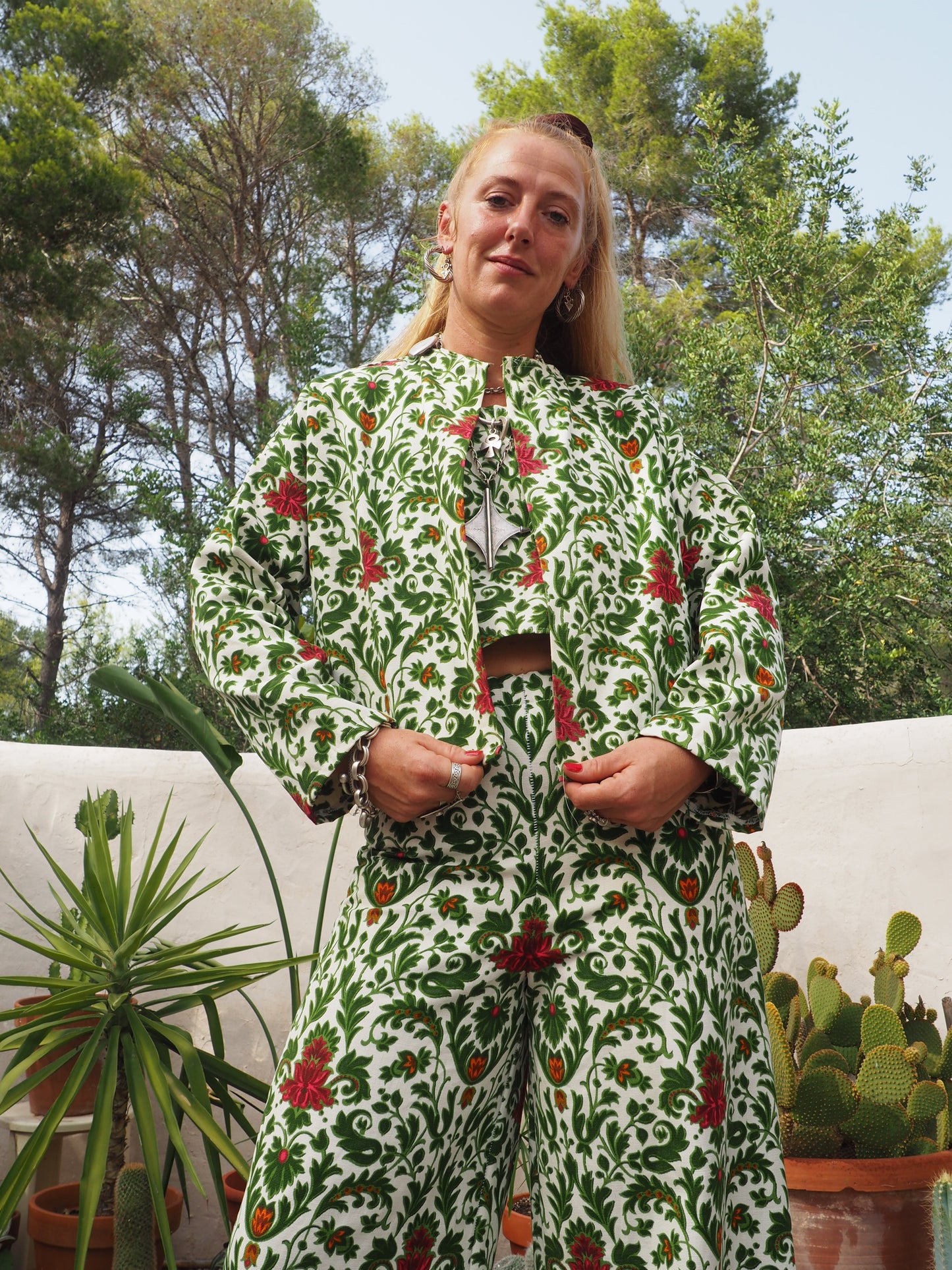 Vintage woven printed green and Cream floral patterns 2 piece set cropped jackets and tie crop top up-cycled by Vagabond Ibiza pants sold separate