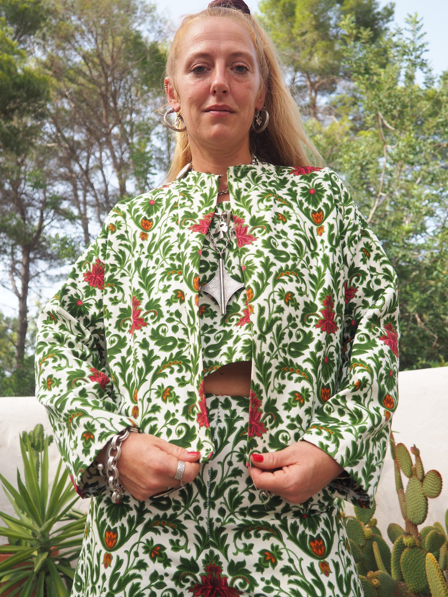 Vintage woven printed green and Cream floral patterns 2 piece set cropped jackets and tie crop top up-cycled by Vagabond Ibiza pants sold separate
