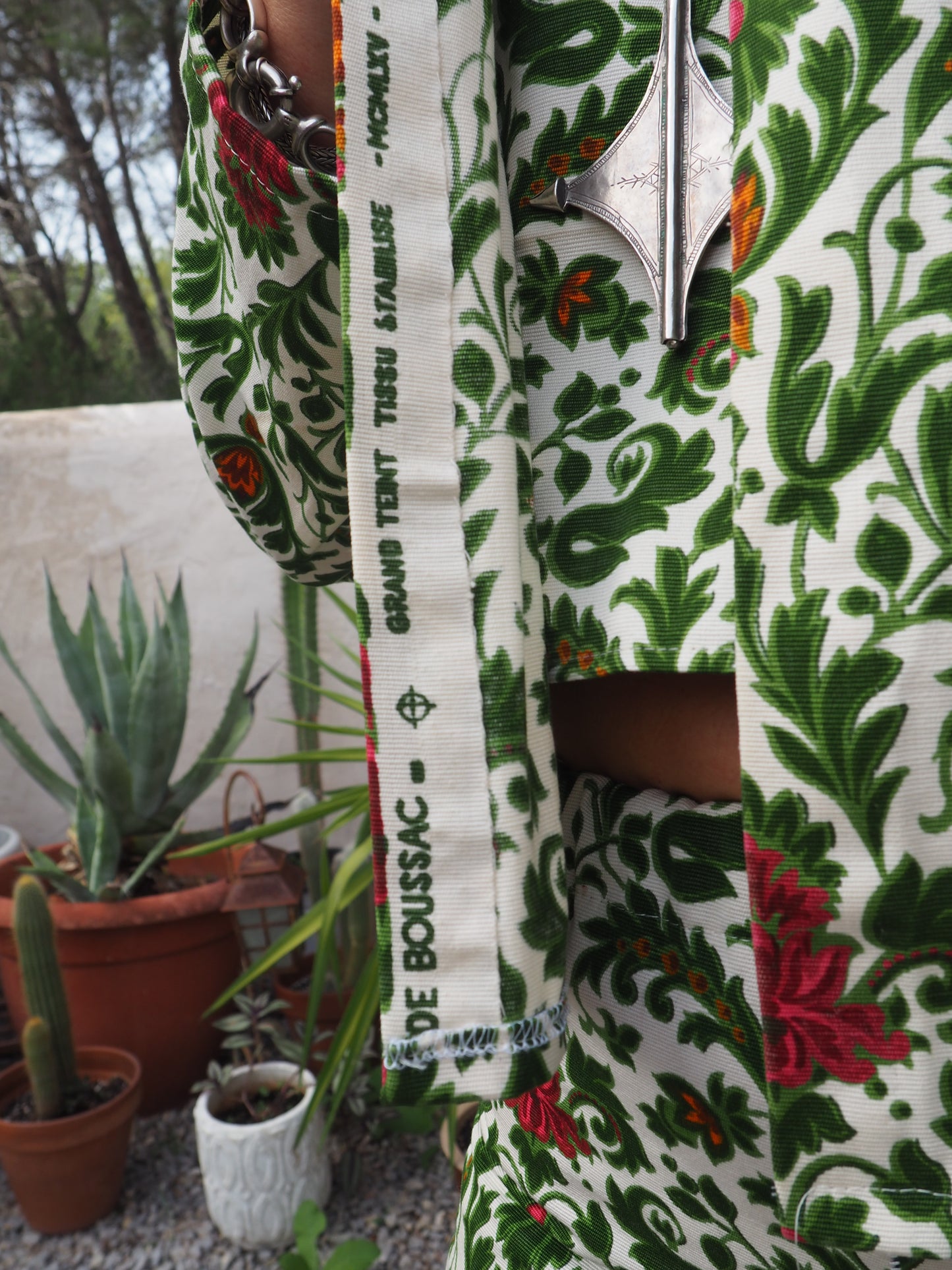 Vintage woven printed green and Cream floral patterns 2 piece set cropped jackets and tie crop top up-cycled by Vagabond Ibiza pants sold separate