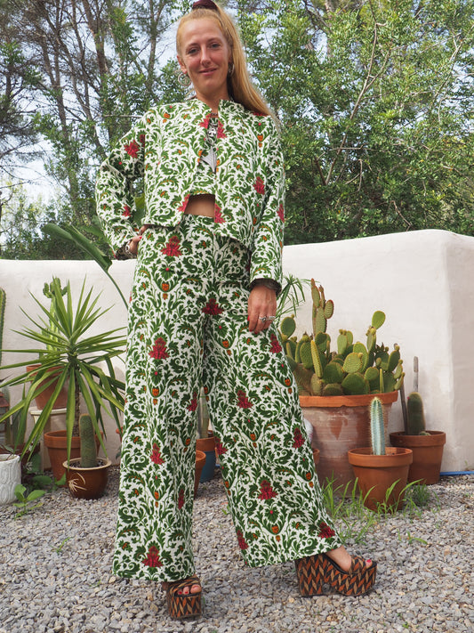 Vintage woven printed green and Cream floral patterns 3 piece set with wide leg pants with elastic waist, cropped jackets and tie crop top up-cycled by Vagabond Ibiza