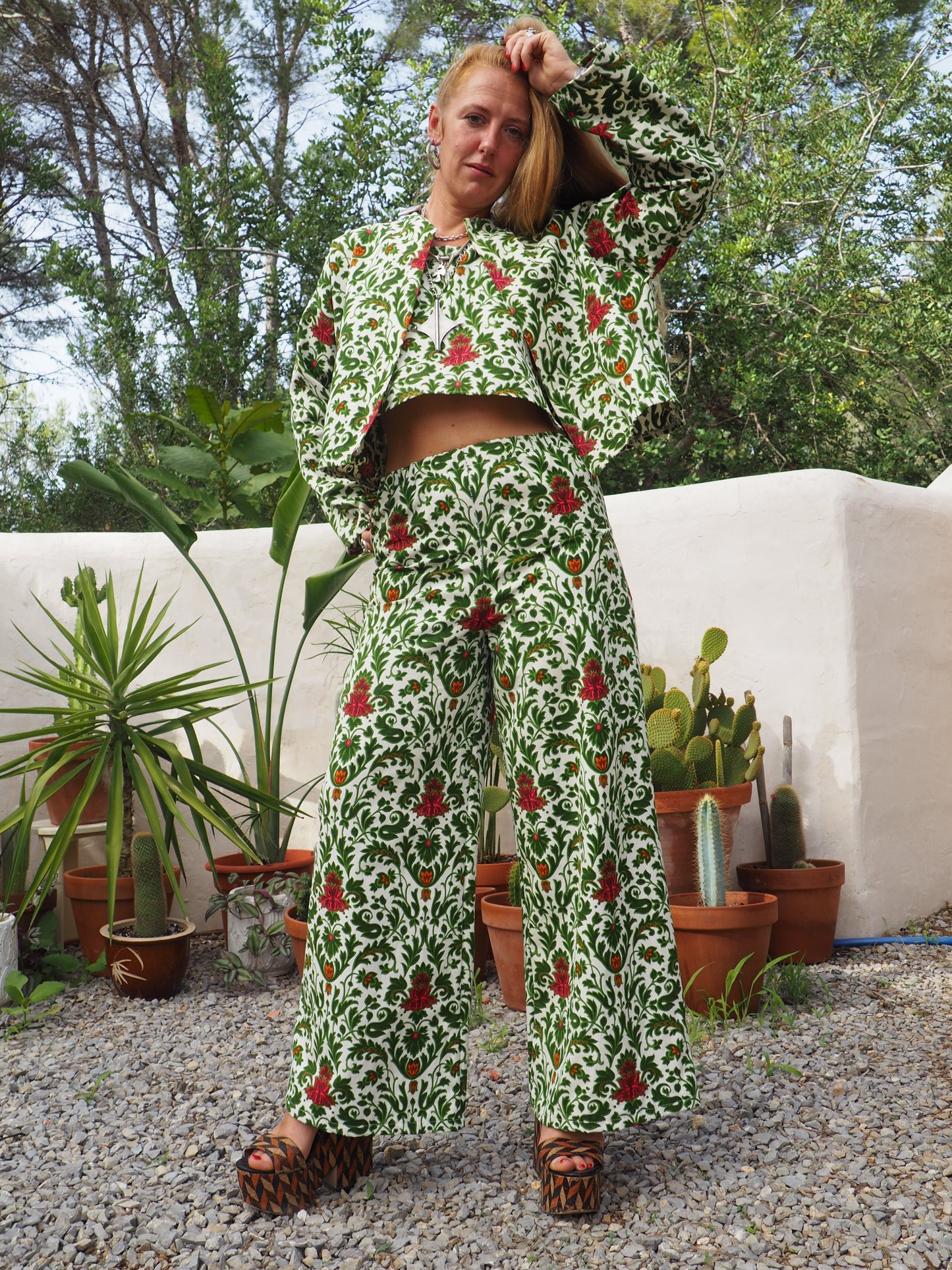 Vintage woven printed green and Cream floral patterns 2 piece set cropped jackets and tie crop top up-cycled by Vagabond Ibiza pants sold separate