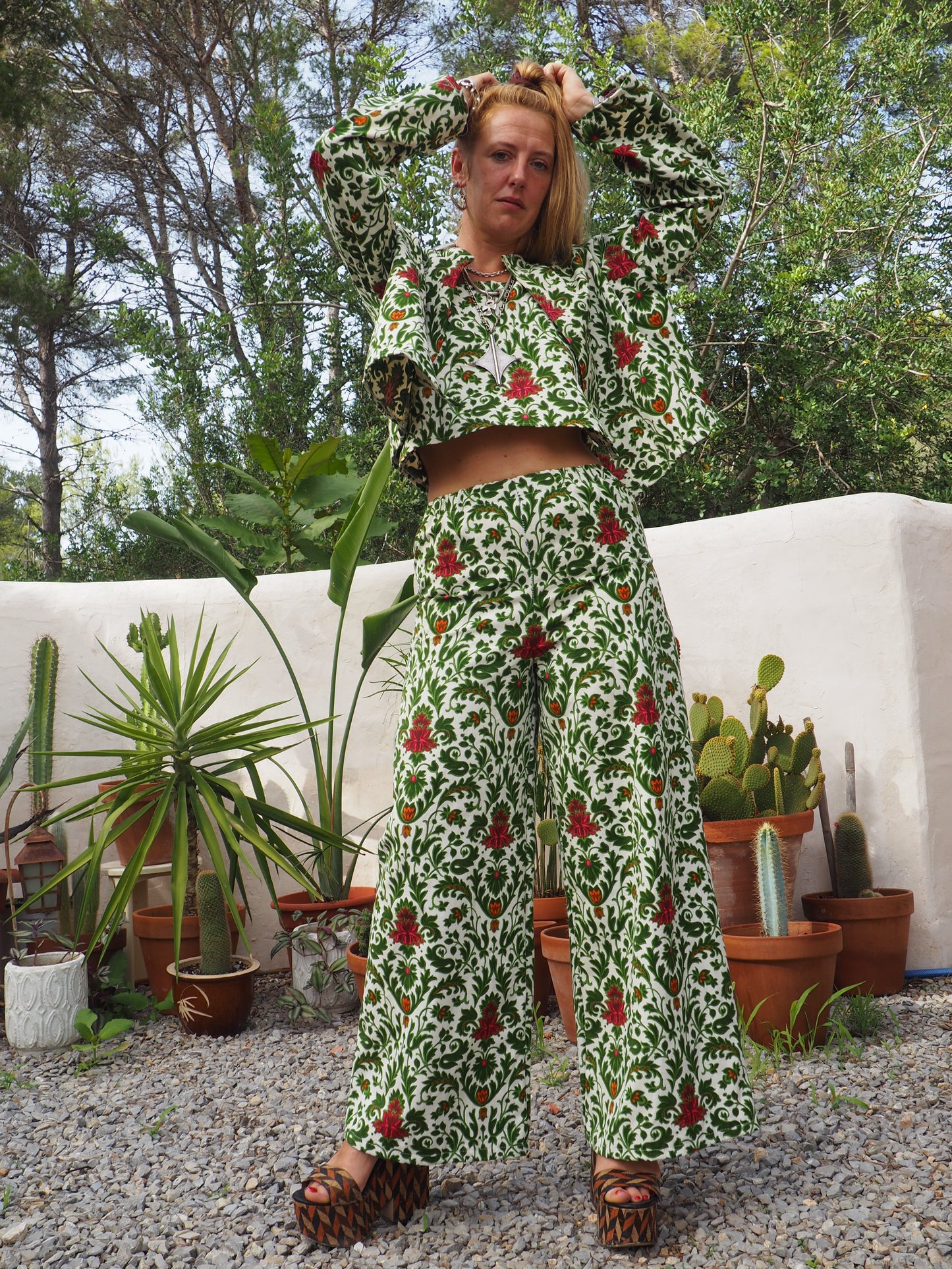 Vintage woven printed green and Cream floral patterns 2 piece set cropped jackets and tie crop top up-cycled by Vagabond Ibiza pants sold separate