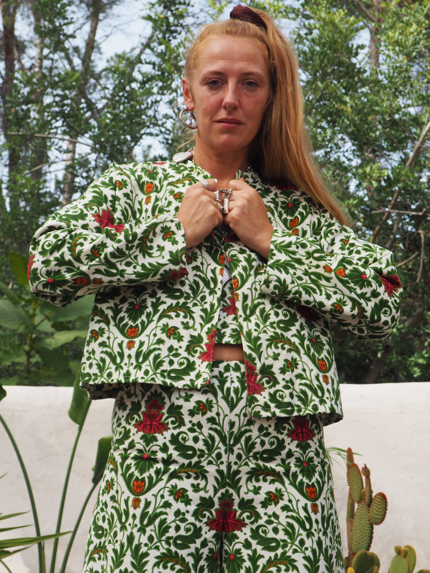 Vintage woven printed green and Cream floral patterns 2 piece set cropped jackets and tie crop top up-cycled by Vagabond Ibiza pants sold separate