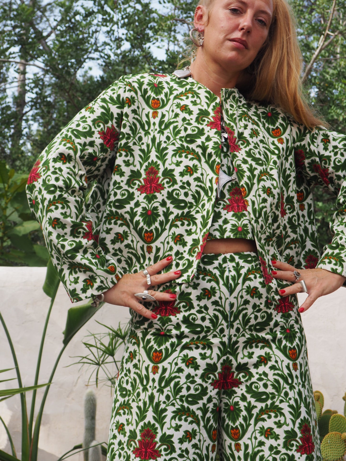 Vintage woven printed green and Cream floral patterns 2 piece set cropped jackets and tie crop top up-cycled by Vagabond Ibiza pants sold separate