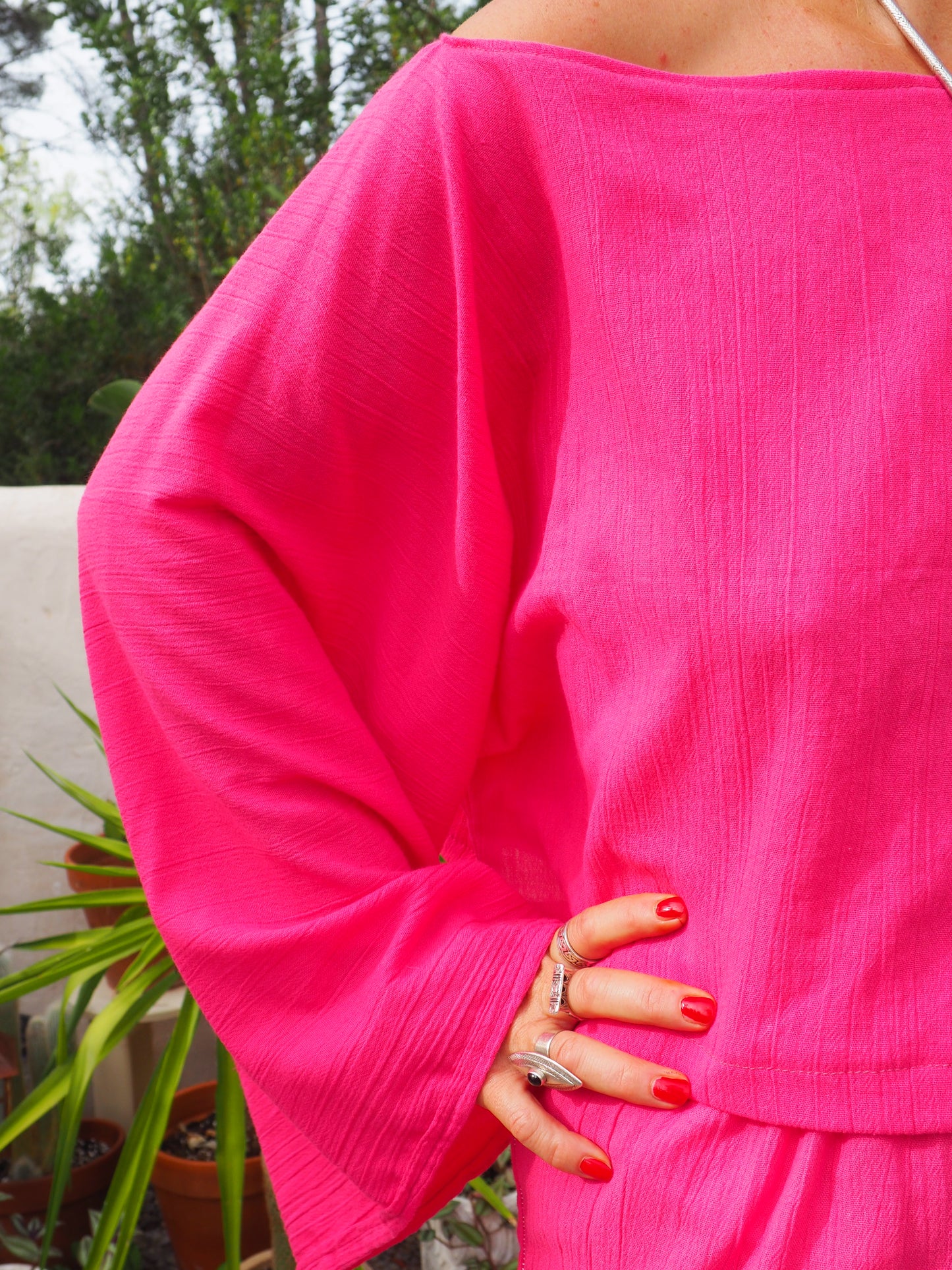 Bright bright pink elasticated waist wide leg pants made by Vagabond Ibiza top is now sold