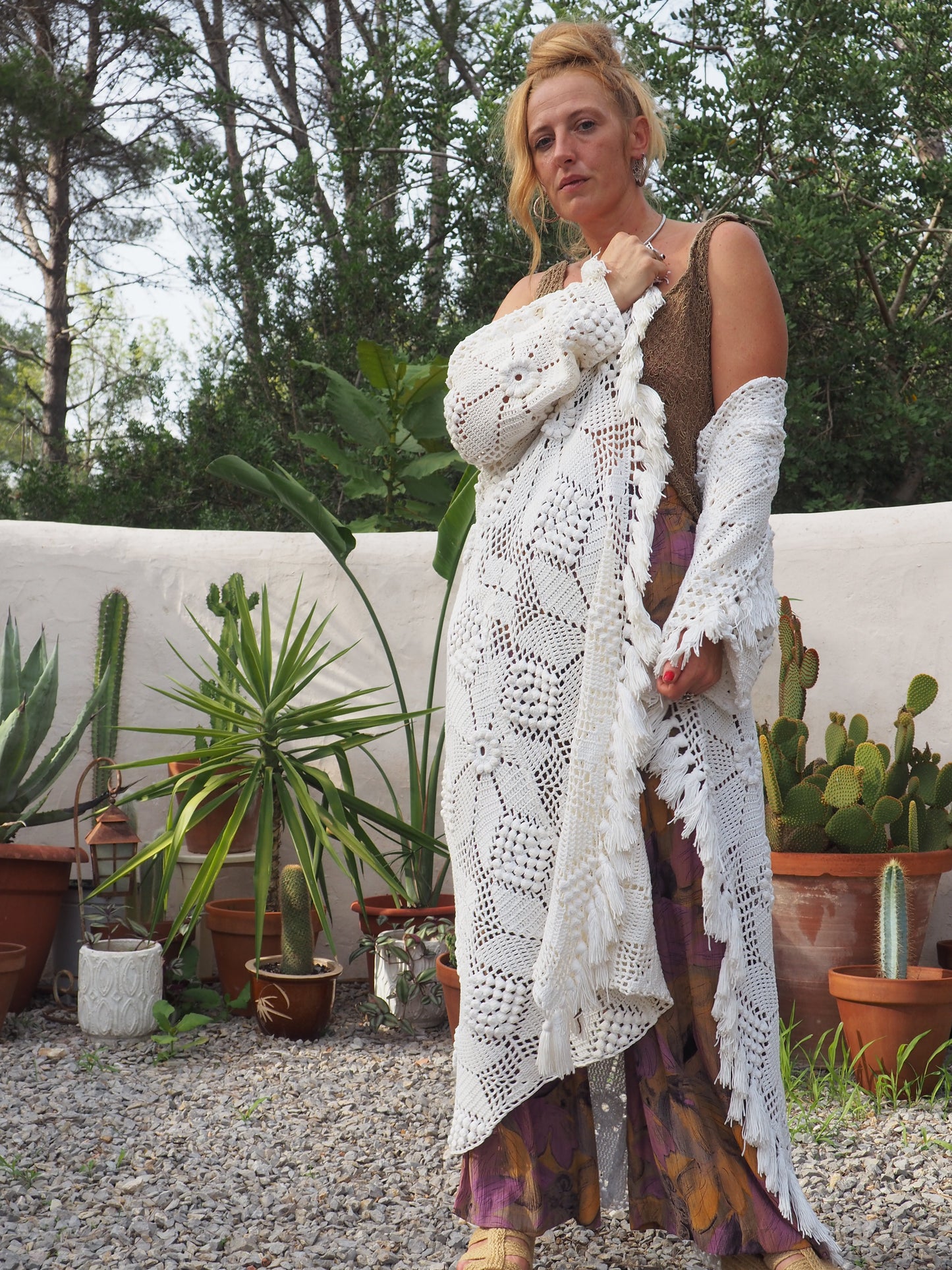 White long vintage handmade crochet jacket up-cycled by Vagabond Ibiza