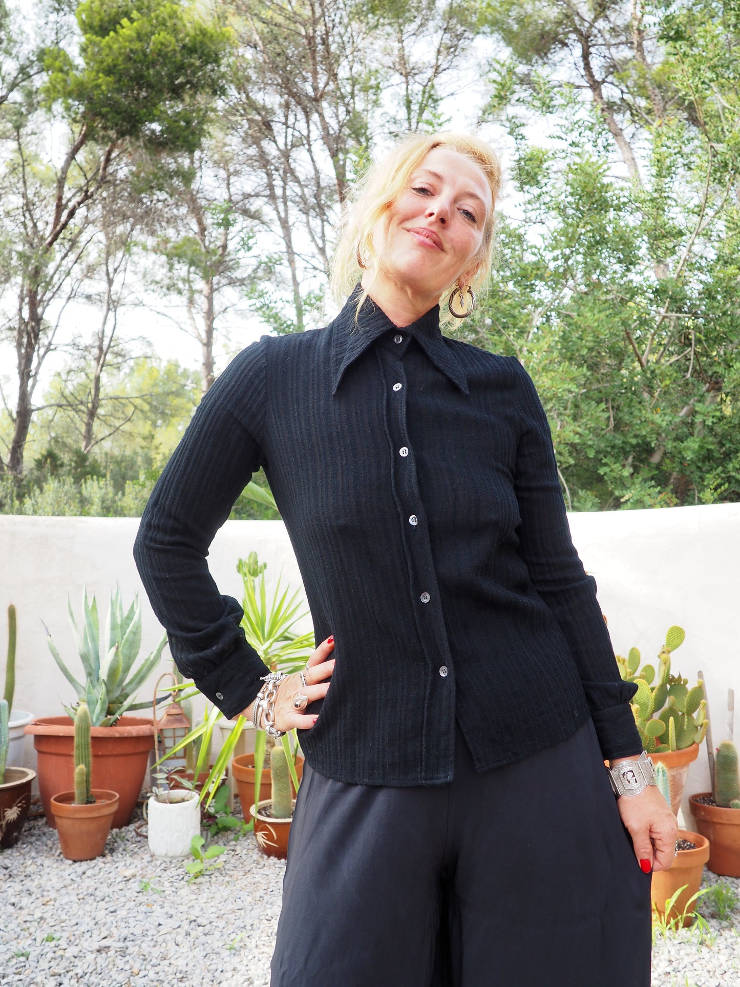 Vintage 1970’s black shirt with buttons down the front oversized collars and back tie details