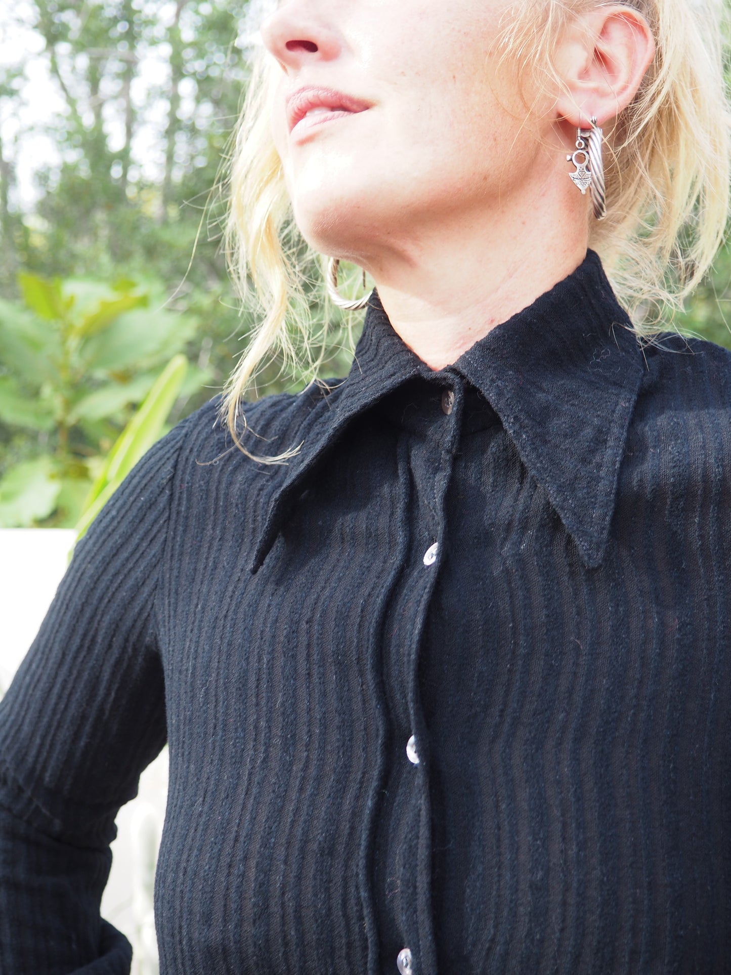 Vintage 1970’s black shirt with buttons down the front oversized collars and back tie details