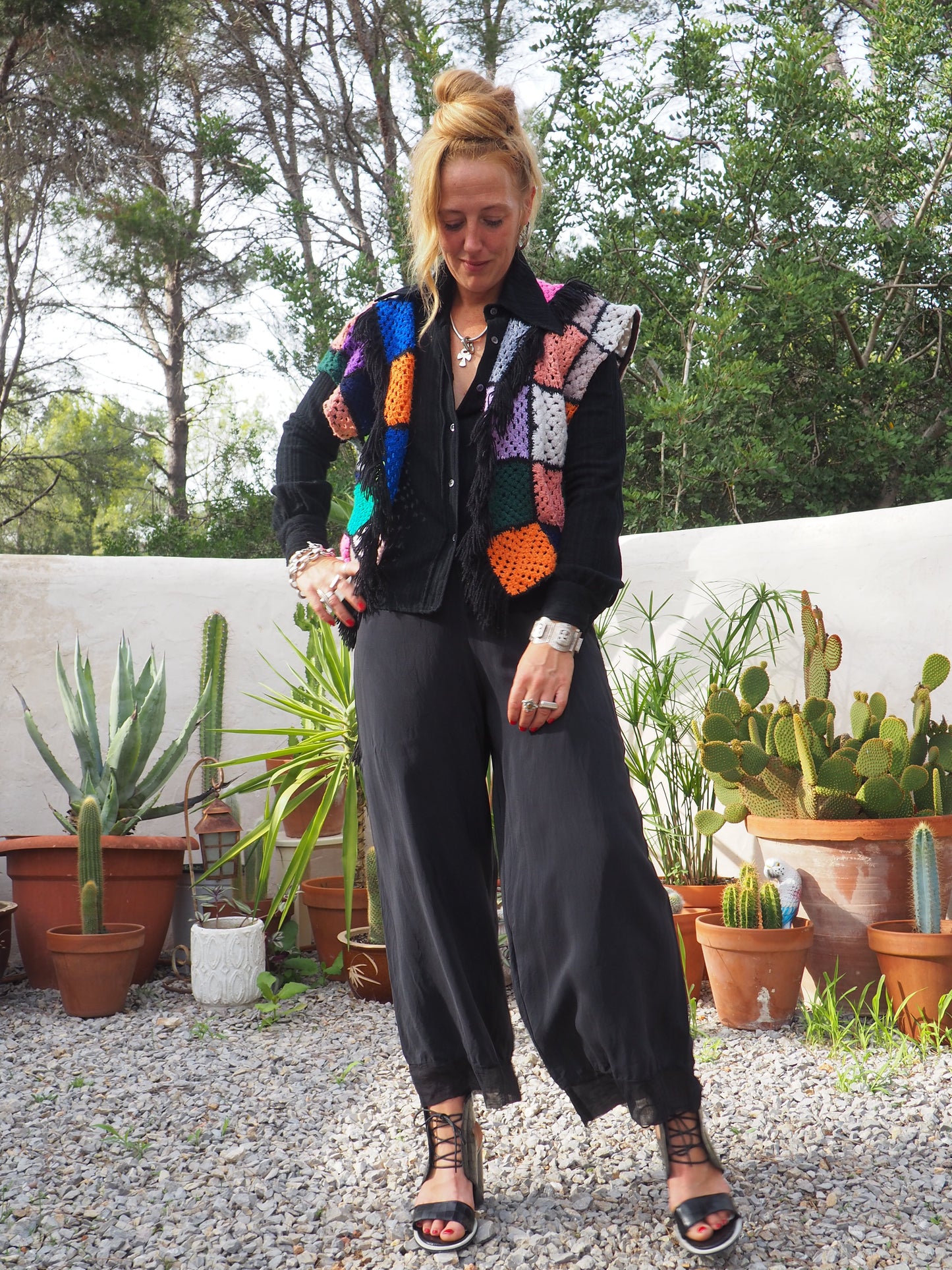 Vintage rainbow granny square up-cycled waistcoat by Vagabond Ibiza