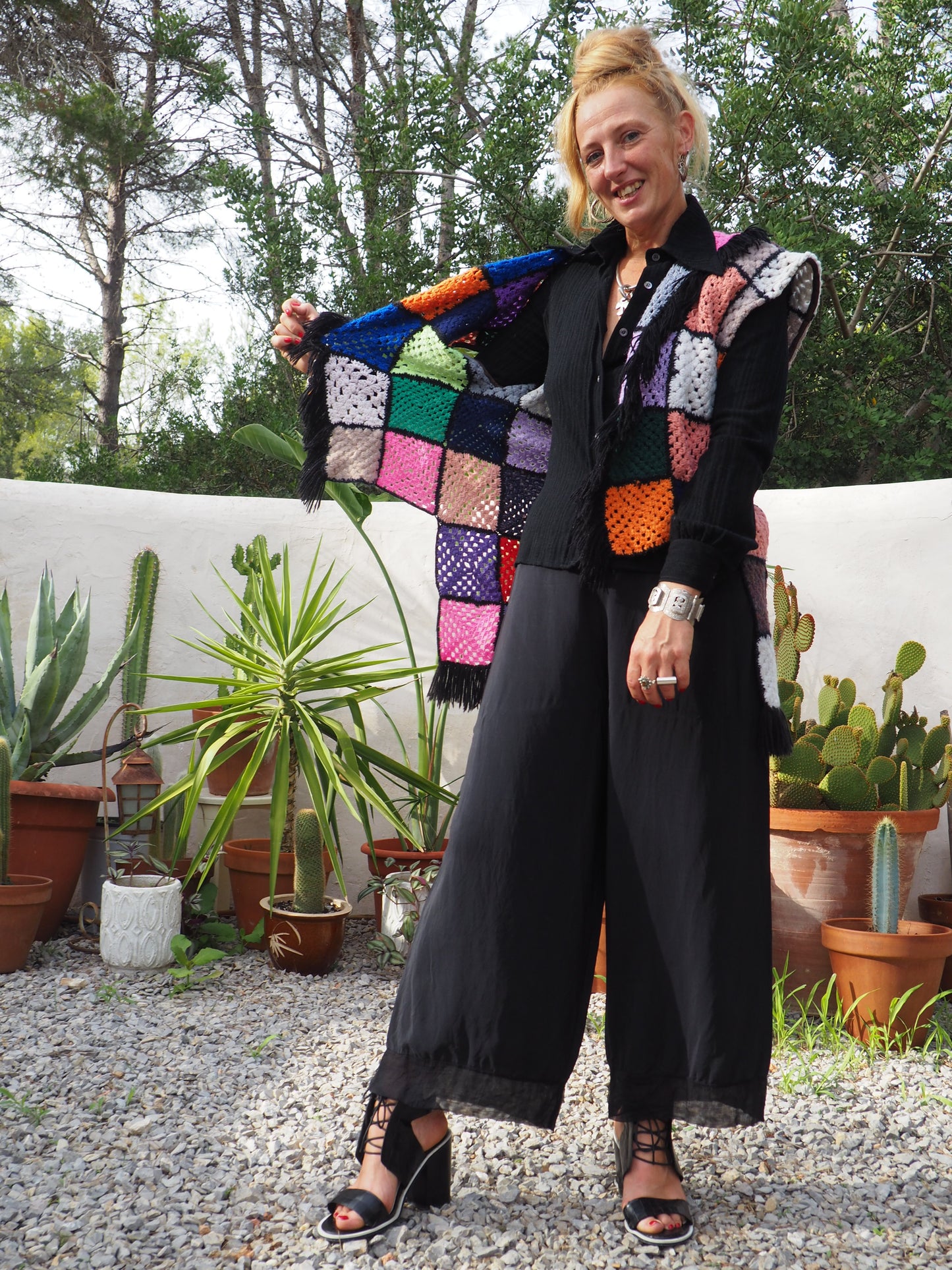 Vintage rainbow granny square up-cycled waistcoat by Vagabond Ibiza