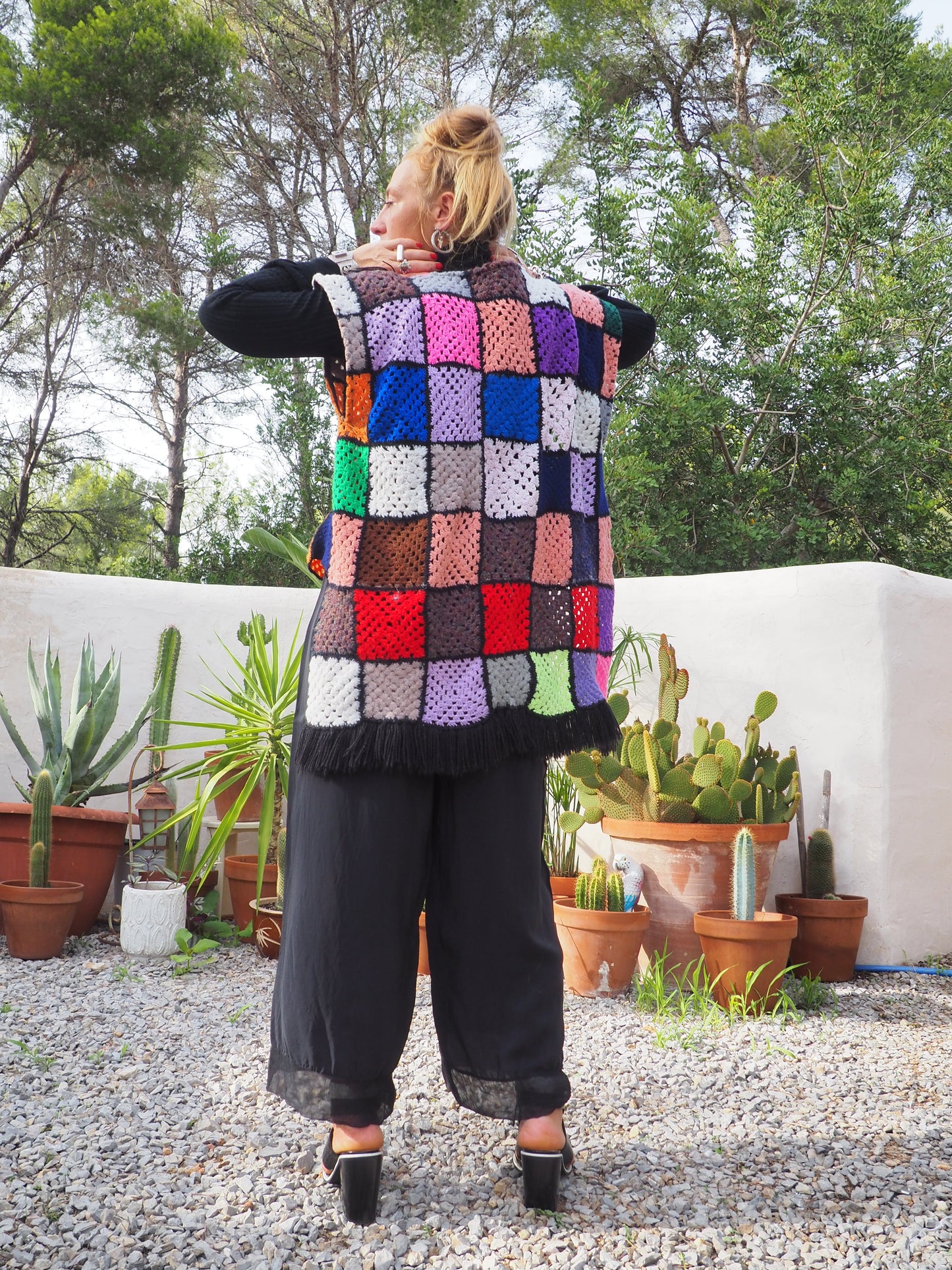 Vintage rainbow granny square up-cycled waistcoat by Vagabond Ibiza