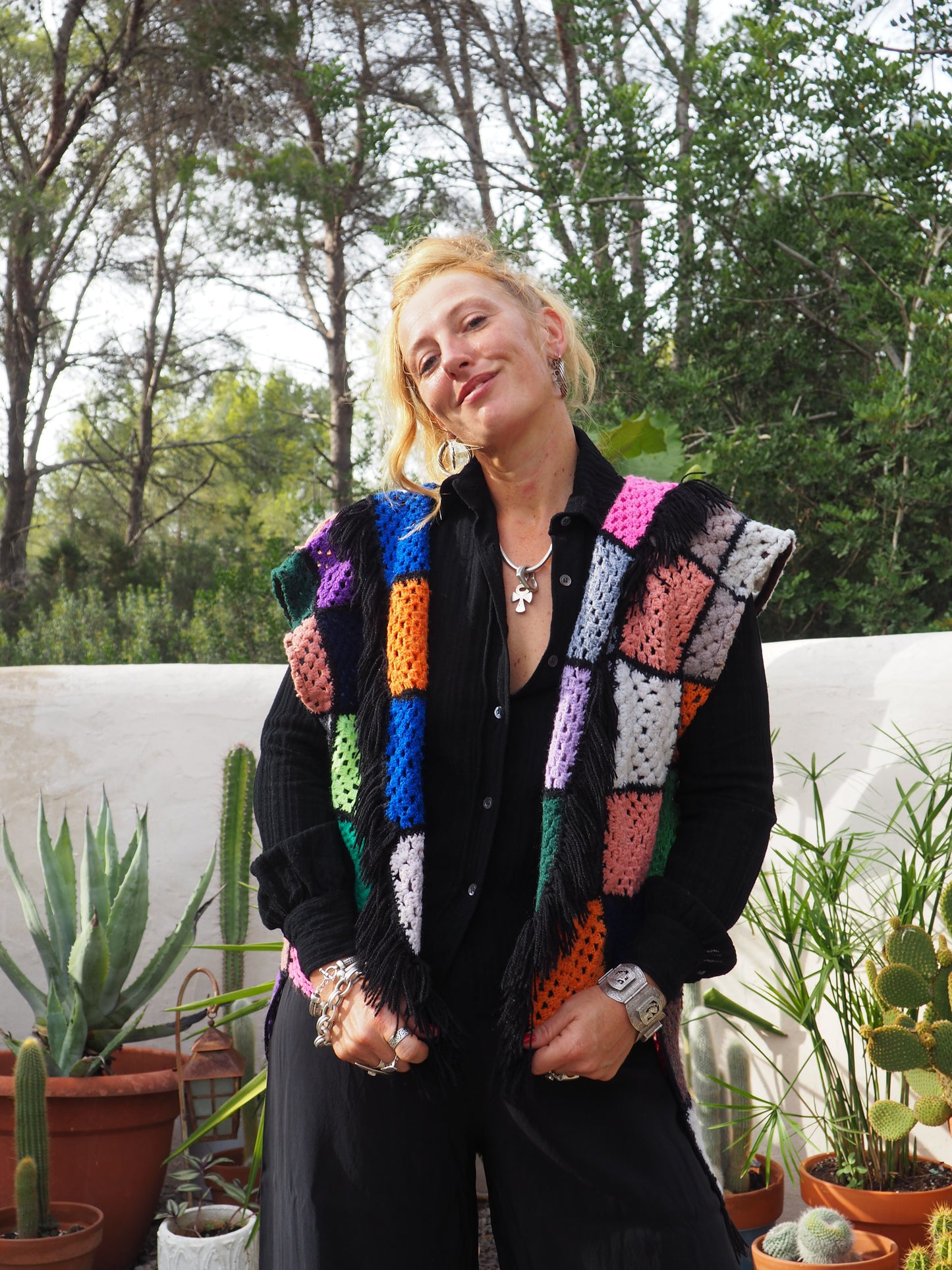 Vintage rainbow granny square up-cycled waistcoat by Vagabond Ibiza