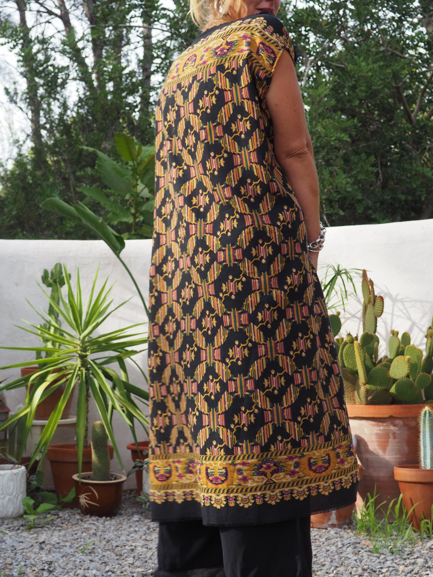 Vintage woven textiles up-cycled long waistcoat with cool print and autumn tones made by Vagabond Ibiza