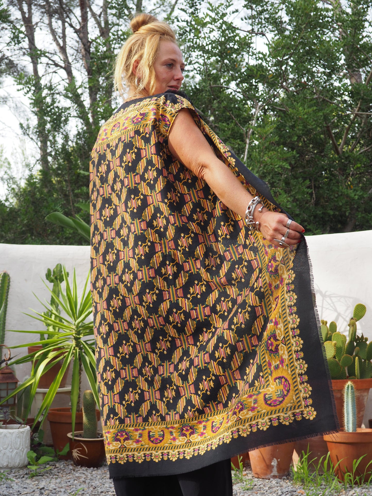 Vintage woven textiles up-cycled long waistcoat with cool print and autumn tones made by Vagabond Ibiza