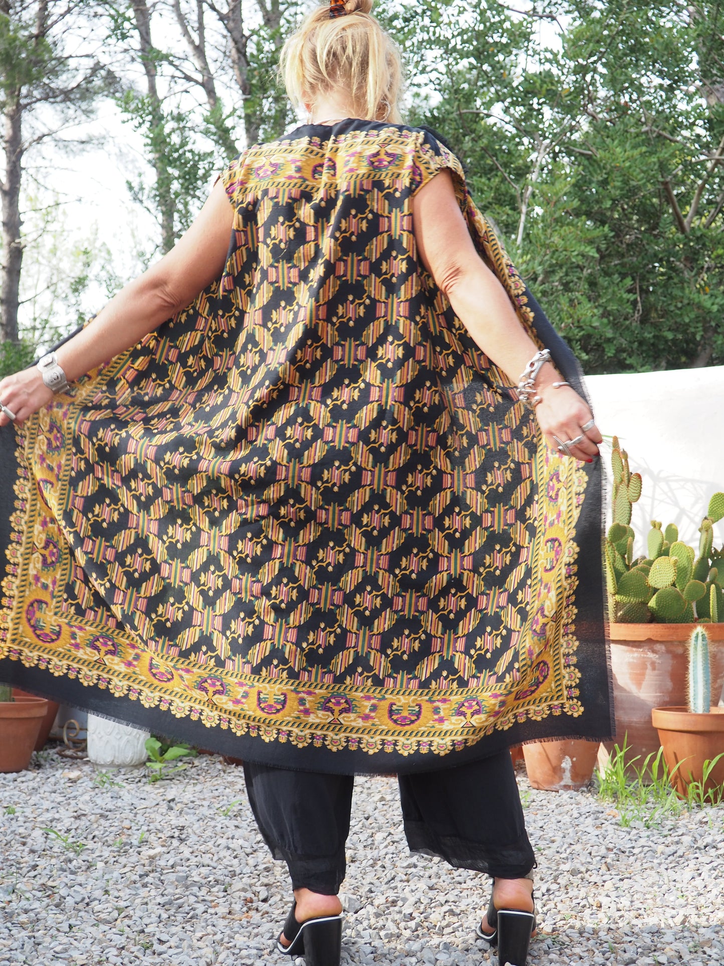 Vintage woven textiles up-cycled long waistcoat with cool print and autumn tones made by Vagabond Ibiza