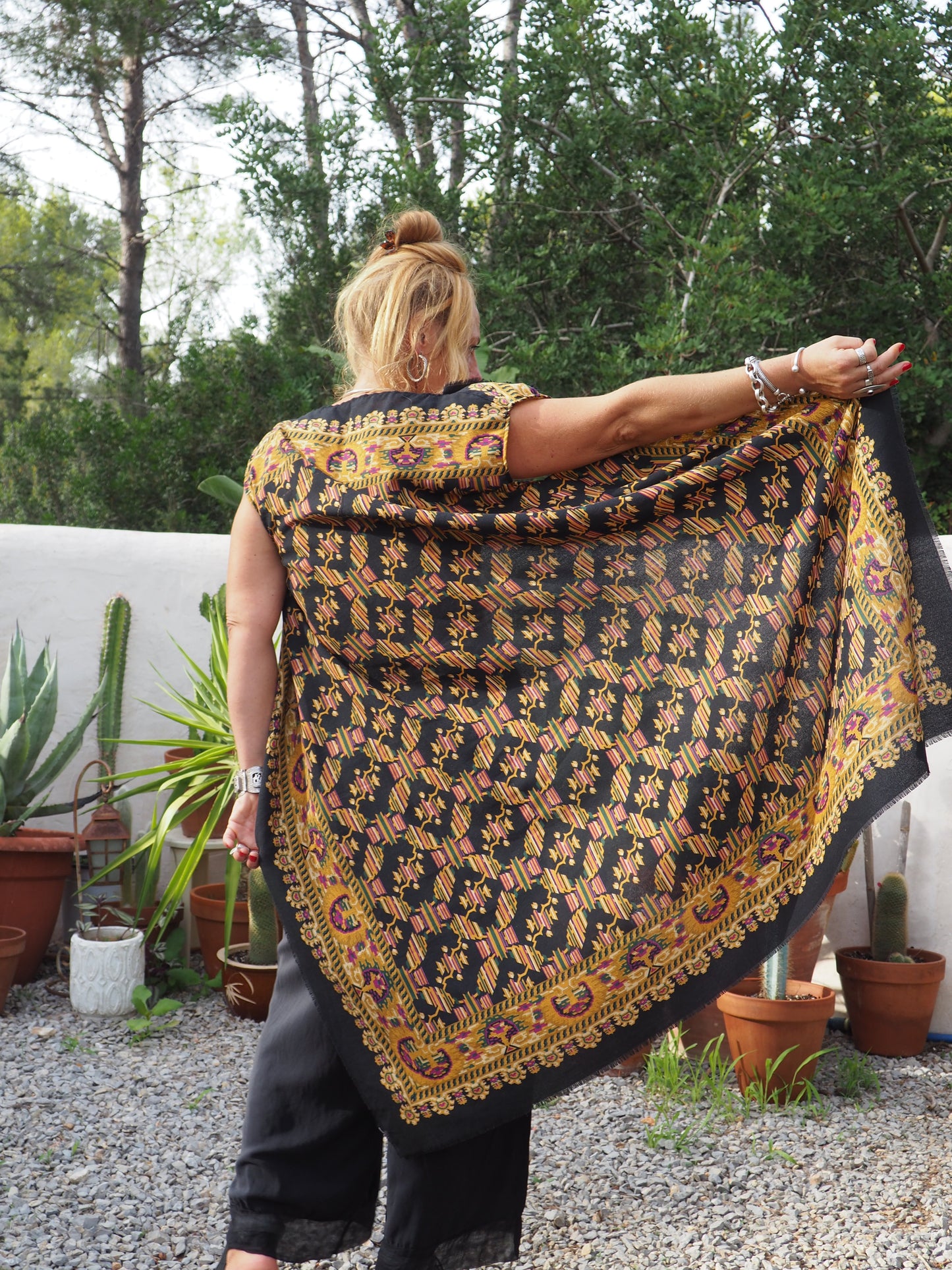 Vintage woven textiles up-cycled long waistcoat with cool print and autumn tones made by Vagabond Ibiza