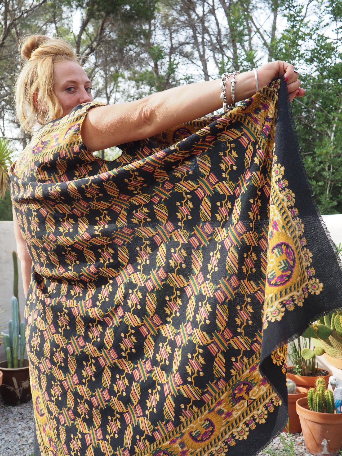 Vintage woven textiles up-cycled long waistcoat with cool print and autumn tones made by Vagabond Ibiza
