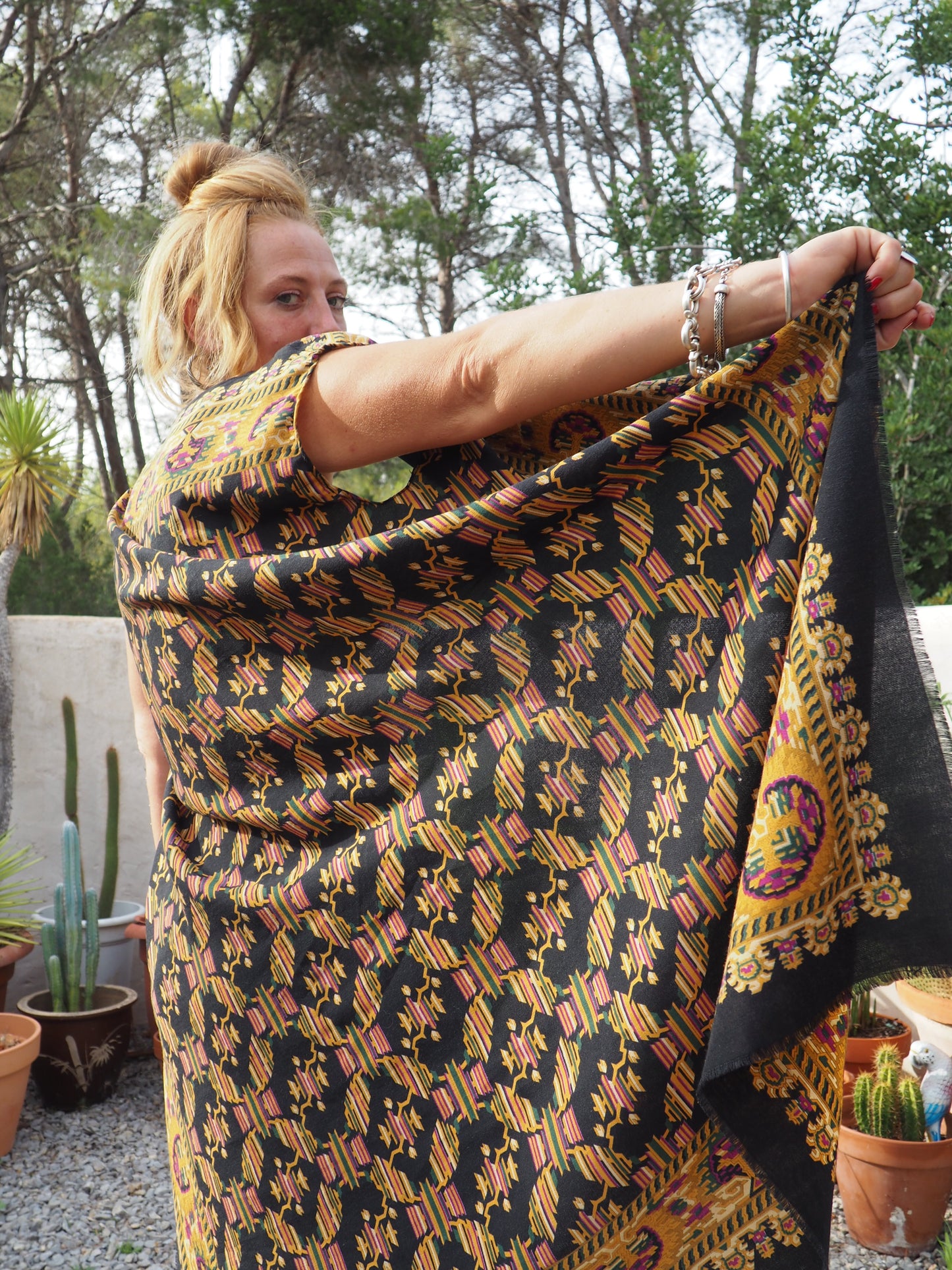 Vintage woven textiles up-cycled long waistcoat with cool print and autumn tones made by Vagabond Ibiza