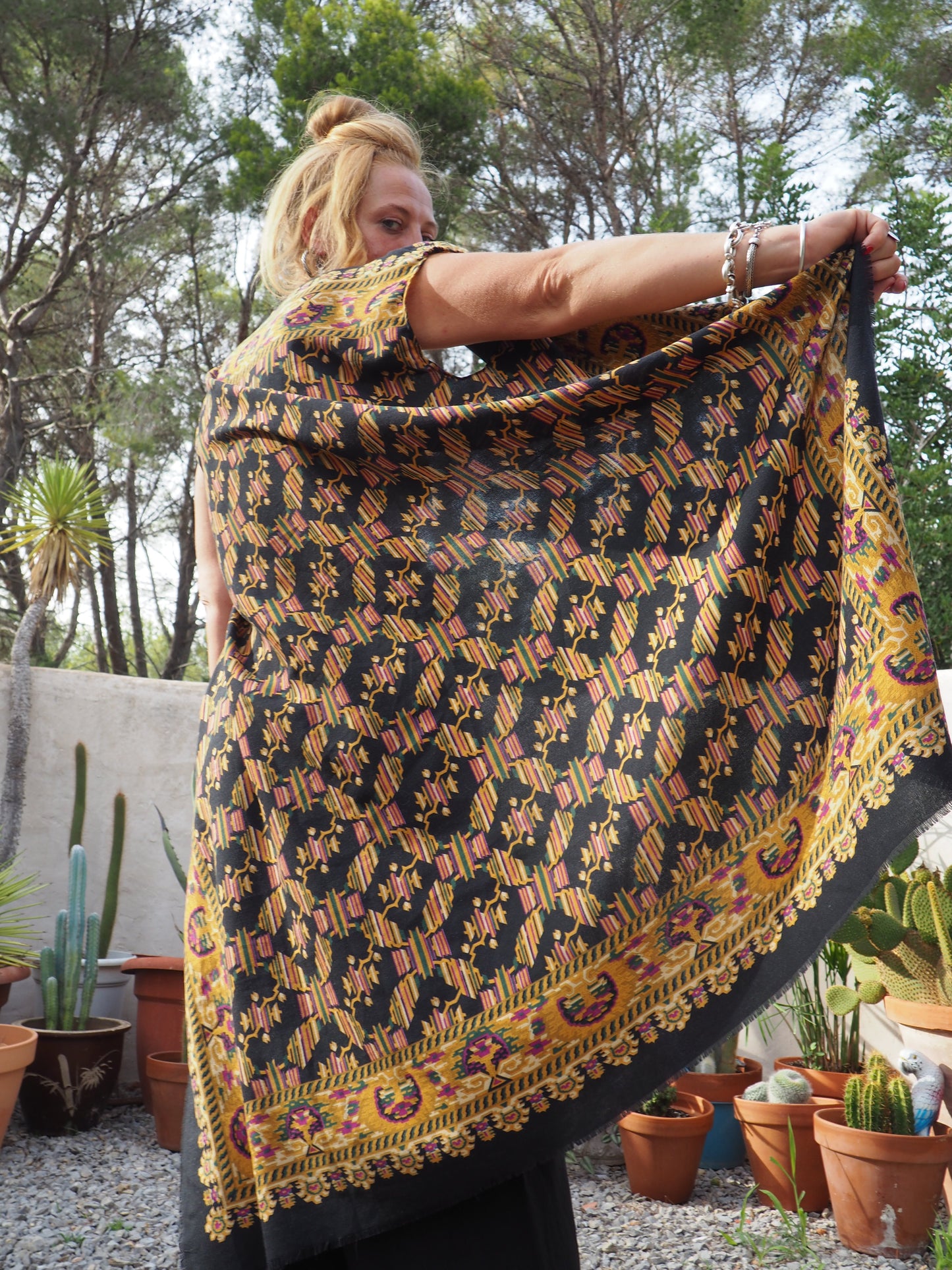 Vintage woven textiles up-cycled long waistcoat with cool print and autumn tones made by Vagabond Ibiza