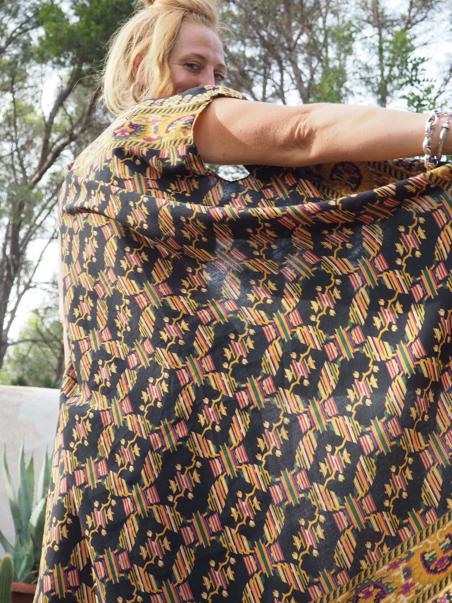 Vintage woven textiles up-cycled long waistcoat with cool print and autumn tones made by Vagabond Ibiza
