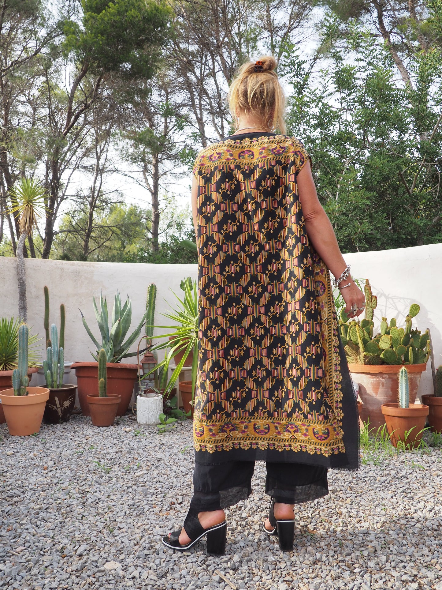 Vintage woven textiles up-cycled long waistcoat with cool print and autumn tones made by Vagabond Ibiza
