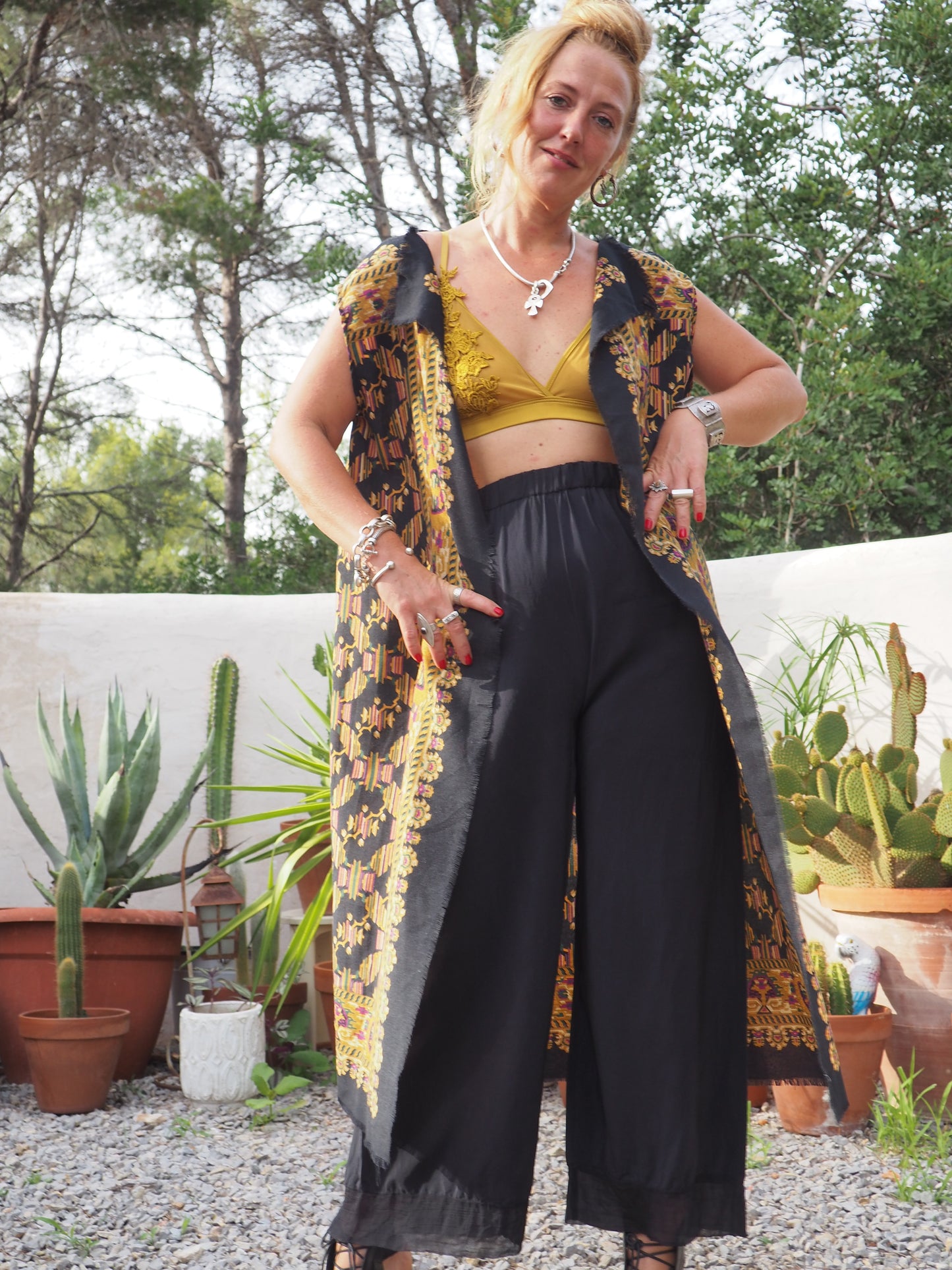 Vintage woven textiles up-cycled long waistcoat with cool print and autumn tones made by Vagabond Ibiza