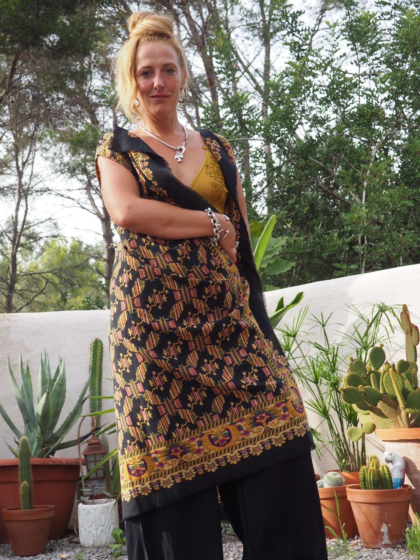 Vintage woven textiles up-cycled long waistcoat with cool print and autumn tones made by Vagabond Ibiza