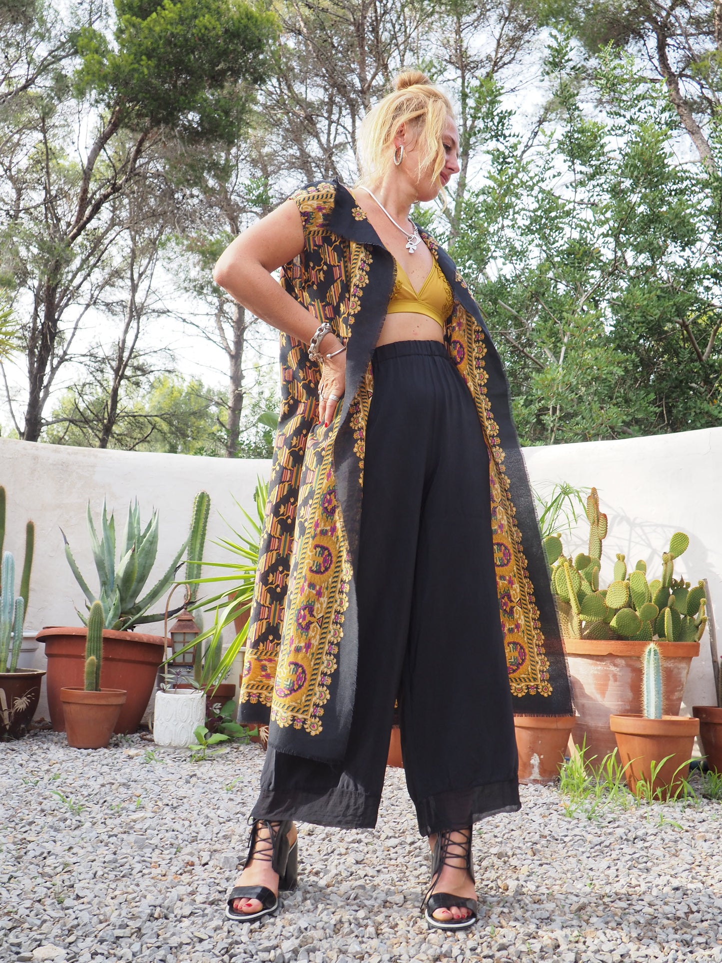 Vintage woven textiles up-cycled long waistcoat with cool print and autumn tones made by Vagabond Ibiza