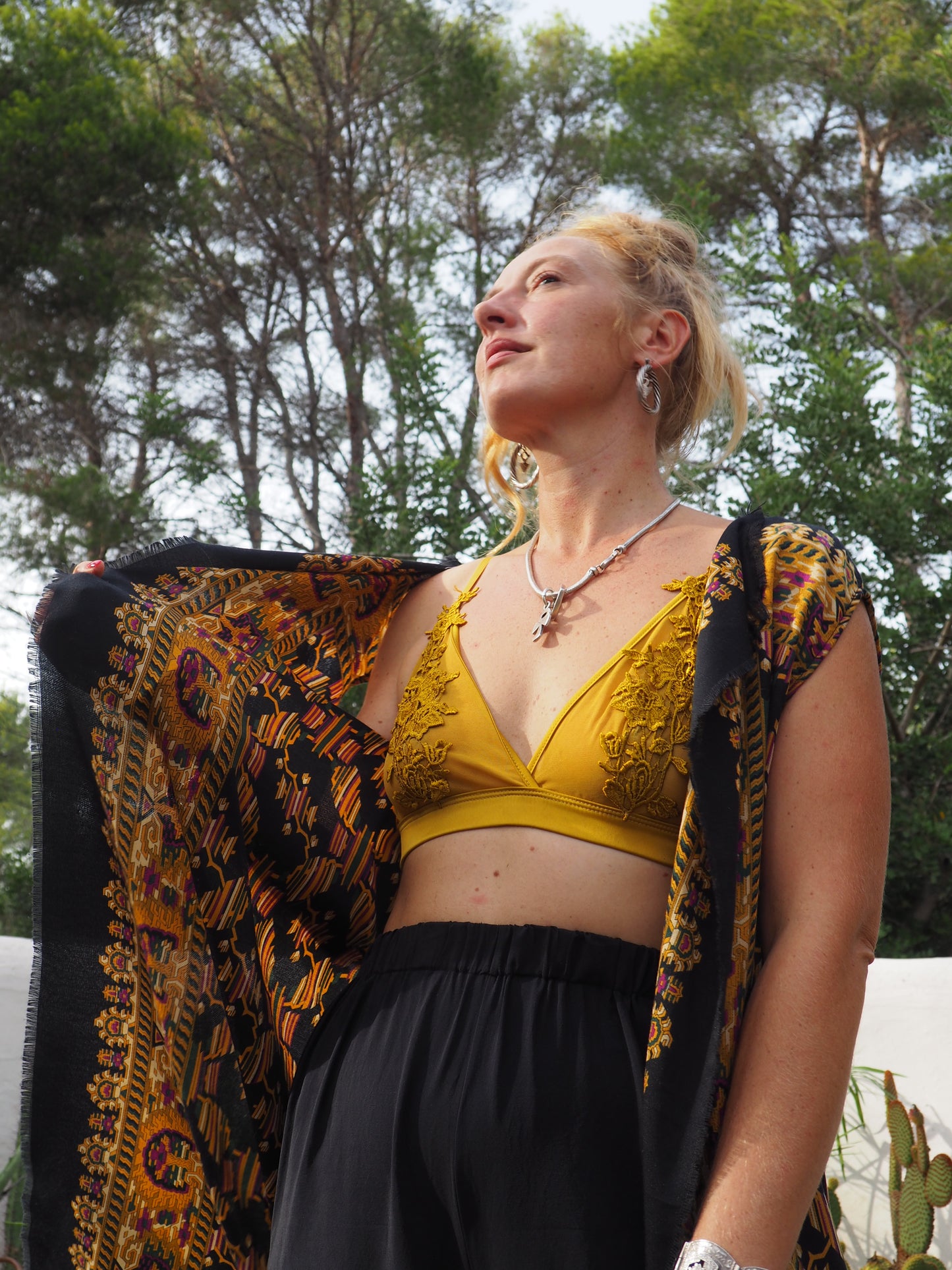 Vintage woven textiles up-cycled long waistcoat with cool print and autumn tones made by Vagabond Ibiza