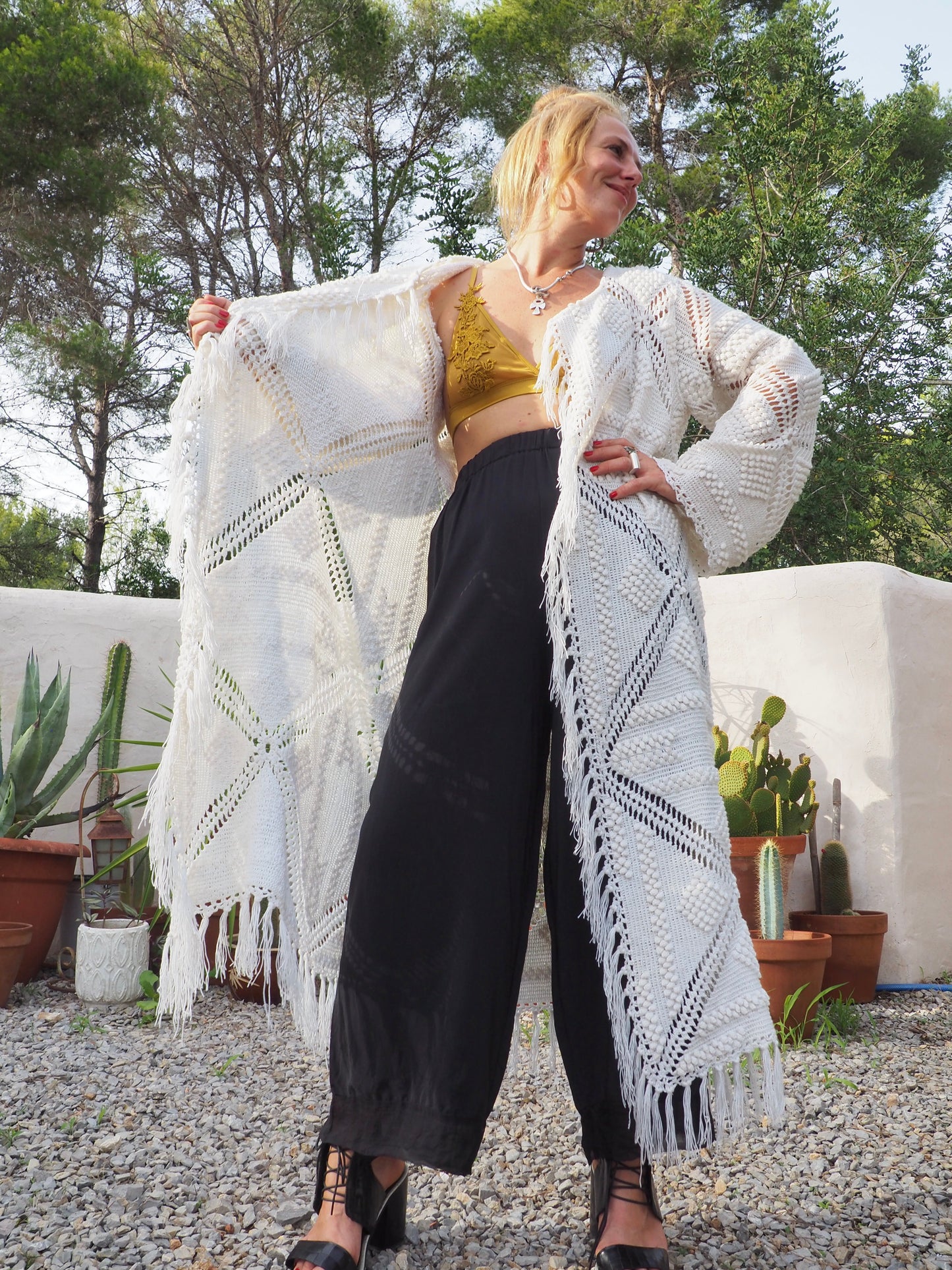 White vintage crochet long jacket up-cycled by Vagabond Ibiza with cute tassel trim.