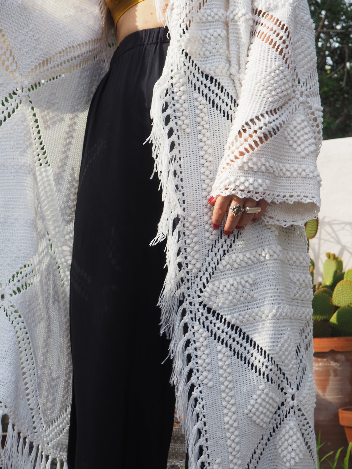 White vintage crochet long jacket up-cycled by Vagabond Ibiza with cute tassel trim.