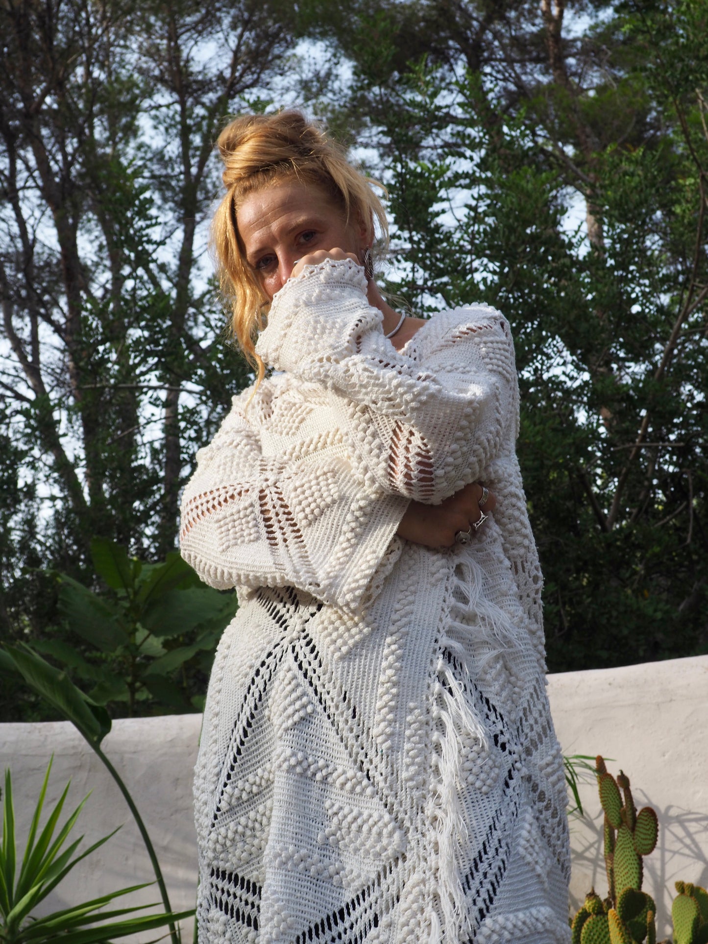White vintage crochet long jacket up-cycled by Vagabond Ibiza with cute tassel trim.