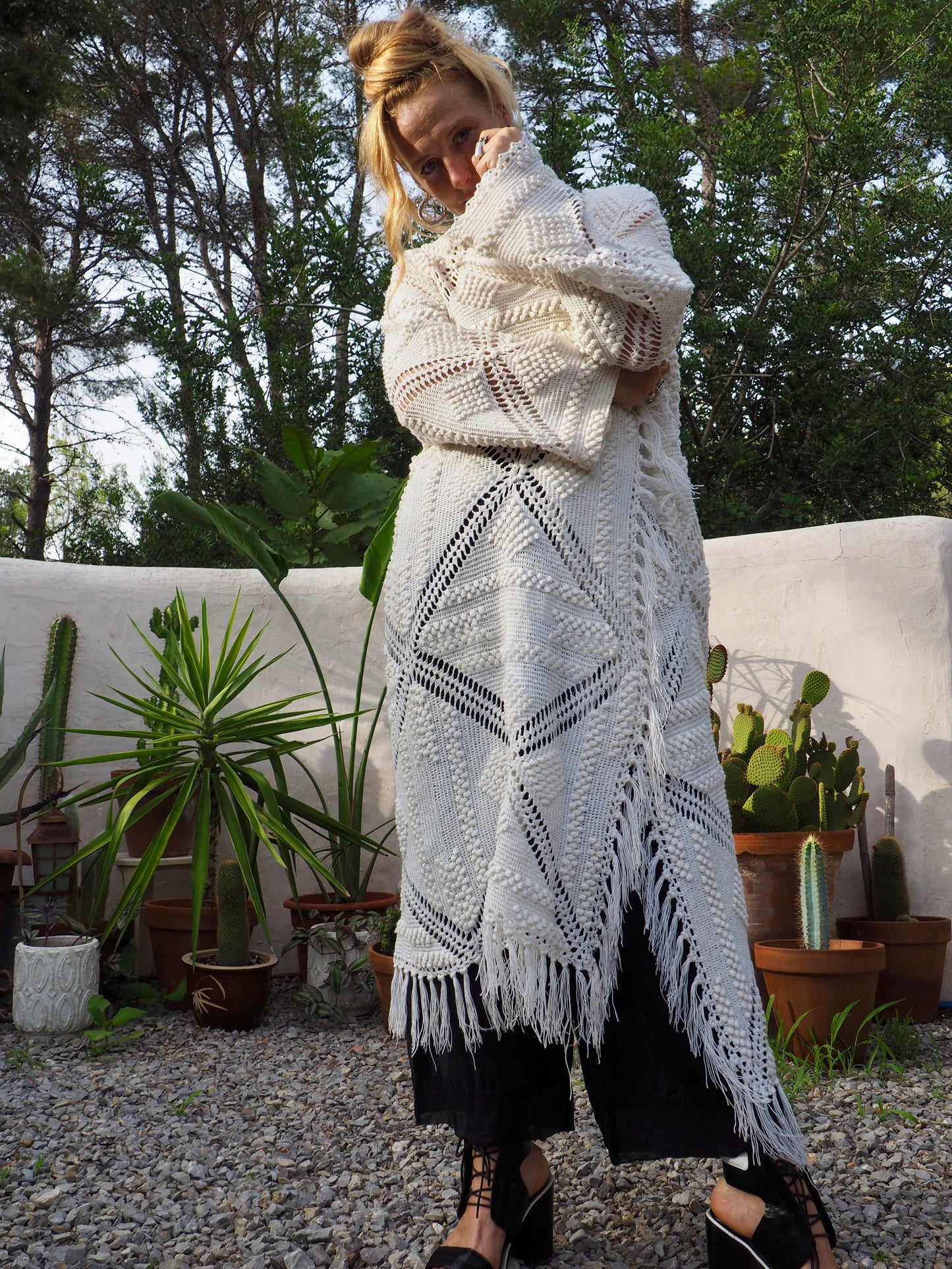 White vintage crochet long jacket up-cycled by Vagabond Ibiza with cute tassel trim.